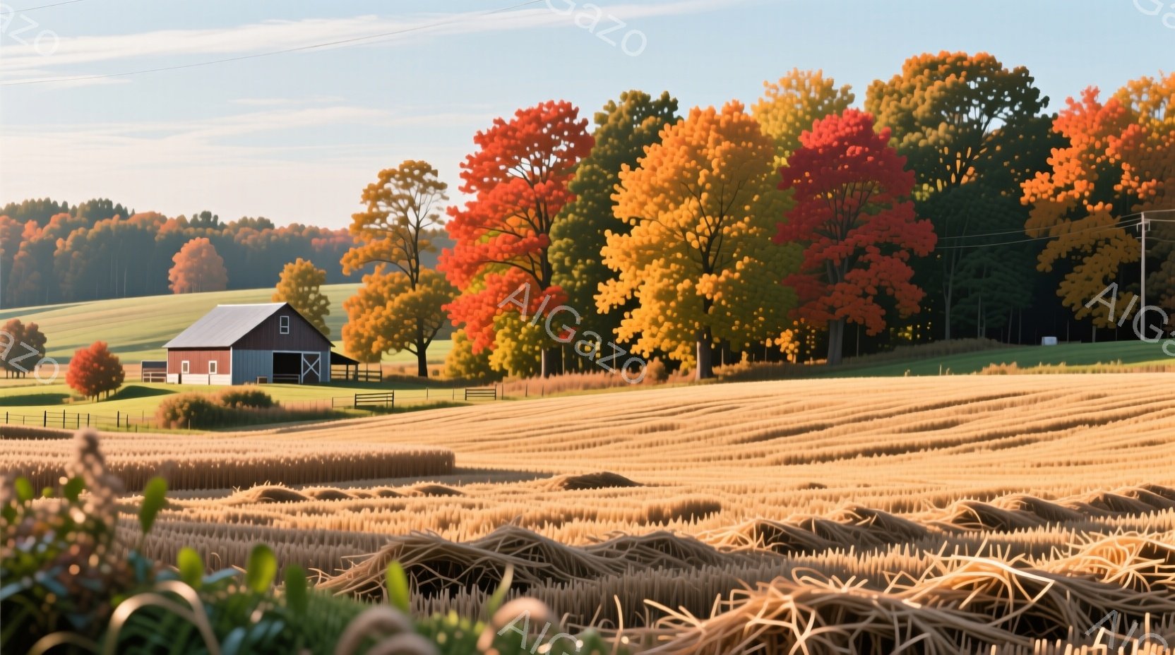 広大なトウモロコシ畑が黄金色に輝き、背景には赤やオレンジ色に色づいた木々が連なっています。 小さな赤い農家と白い柵が、秋の田園風景の中に穏やかに佇んでいます。 空は晴れ、暖かく柔らかな光が全体を包み込み、静かで平和な雰囲気を醸し出しています。