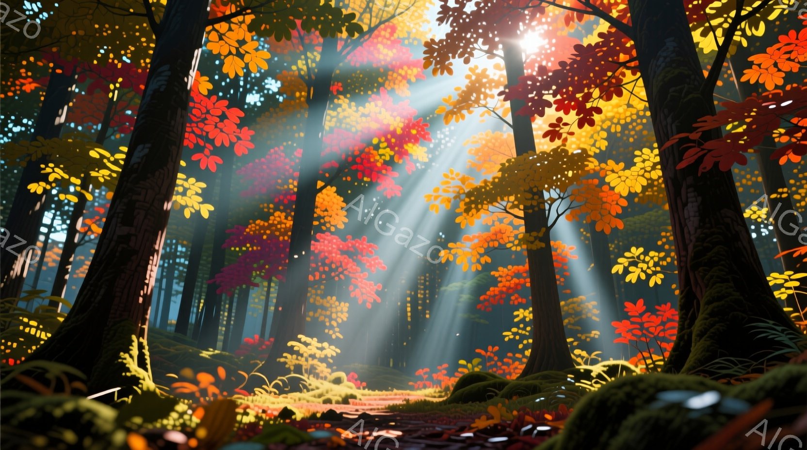 鮮やかな秋の森が描かれており、赤、オレンジ、黄色の葉が木々を彩っています。太陽光線が木々の間から差し込み、地面に暖かい光の筋を作り出しています。背景には緑豊かな植物が生い茂り、幻想的で穏やかな雰囲気を醸し出しています。