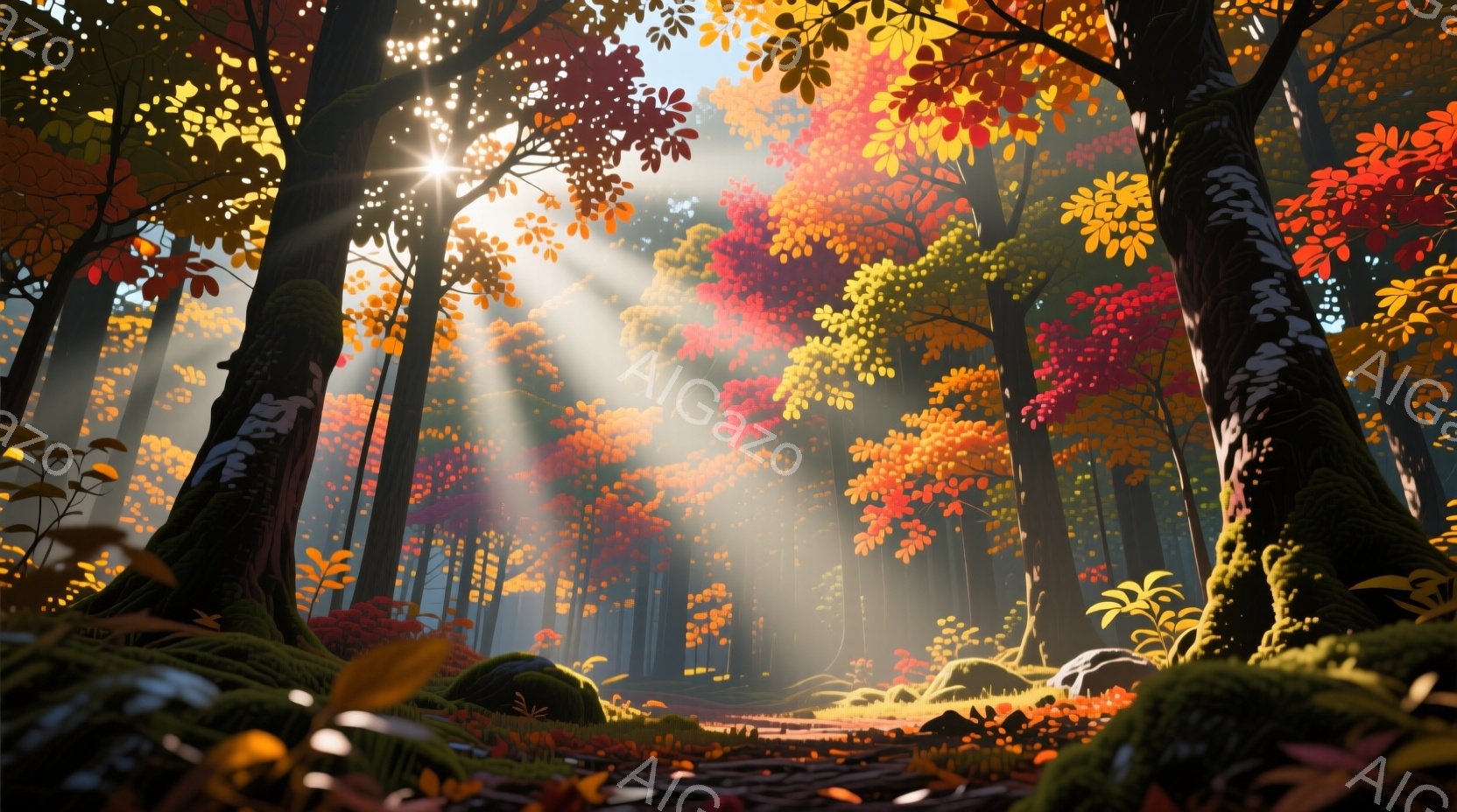 鮮やかな紅葉の森が広がり、太陽光線が木々の間から差し込み、幻想的な雰囲気を醸し出している。地面には落ち葉が積もり、苔むした倒木やキノコが点在し、自然の豊かさを感じさせる。全体的に暖色系の色彩が用いられ、温かく穏やかな印象を与える。