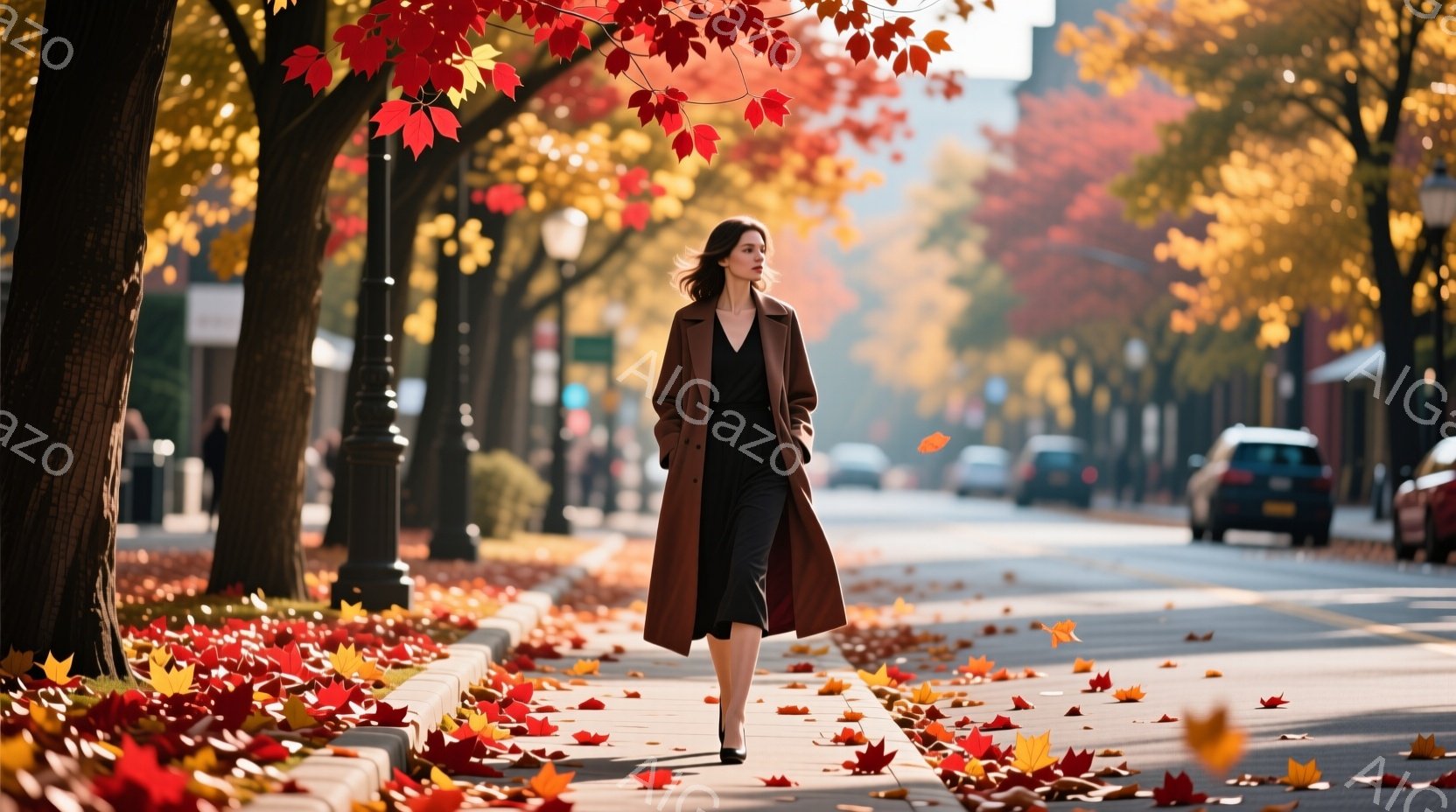 長い茶色のコートを着た女性が、落ち葉が敷き詰められた歩道を歩いている。彼女は黒いドレスを着用し、髪は肩まで伸びて少しカールしている。背景には、紅葉した木々と建物が見え、秋の晴れた日を思わせる穏やかな雰囲気である。