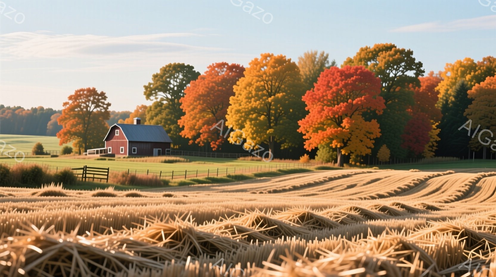 黄金色の収穫された畑が広がり、遠くには赤い屋根の可愛らしい農家が見える。背景には、鮮やかな赤やオレンジ色の紅葉した木々が並び、秋の風景を象徴している。穏やかな日差しと、全体的に暖かく、平和な雰囲気が漂っている。