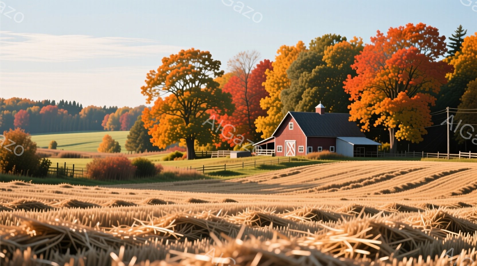広大な小麦畑が黄金色に輝き、その奥には赤い屋根の農家が見える。背景には鮮やかな赤やオレンジ色の紅葉した木々が立ち並び、秋の風景を象徴している。穏やかな晴天の下、農家と小麦畑が織りなす景色は、静けさと豊穣を感じさせる。