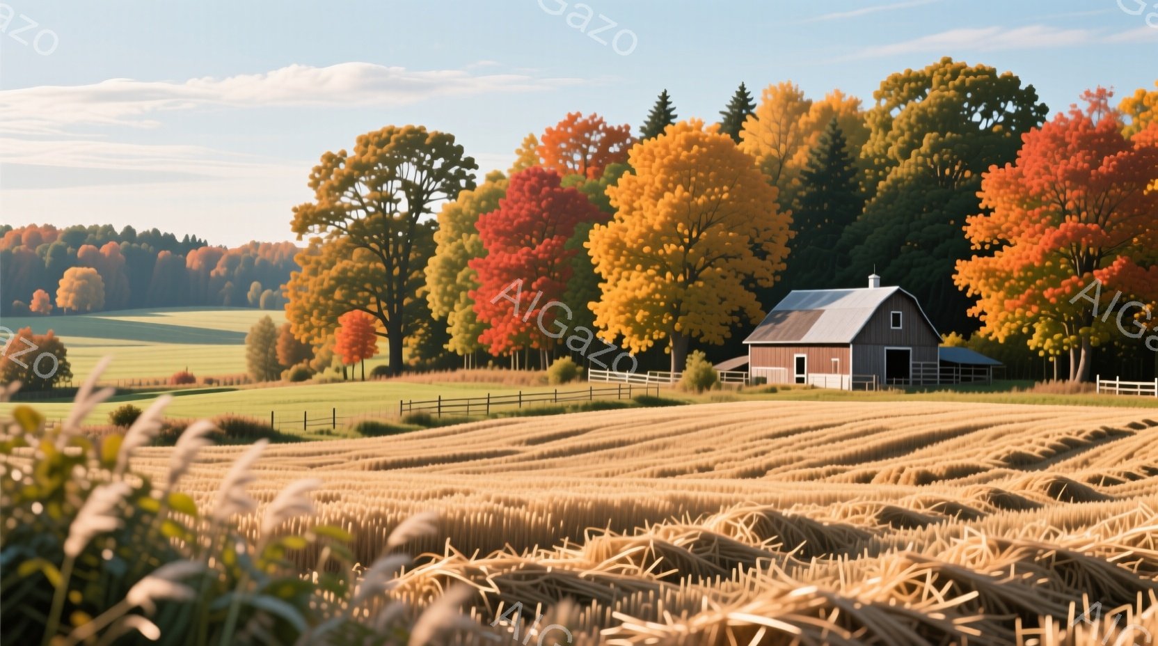 広大な小麦畑が黄金色に輝き、背景には鮮やかな紅葉の木々が連なっている。遠景には白い屋根の農家が佇み、周囲を白い柵で囲まれた緑の牧草地が広がっている。秋の穏やかな日差しが降り注ぎ、全体的に暖かく、平和な雰囲気が漂っている。