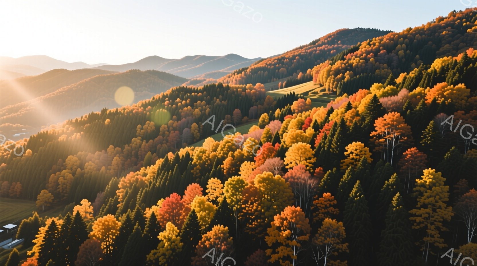 鮮やかな紅葉に覆われた山々が広がり、秋の訪れを告げている。木々は赤、オレンジ、黄色といった暖色で彩られ、太陽の光を受けて輝いている。遠くには霞んだ山並みが連なり、穏やかで静寂な雰囲気を醸し出している。 - AI生成フリー素材