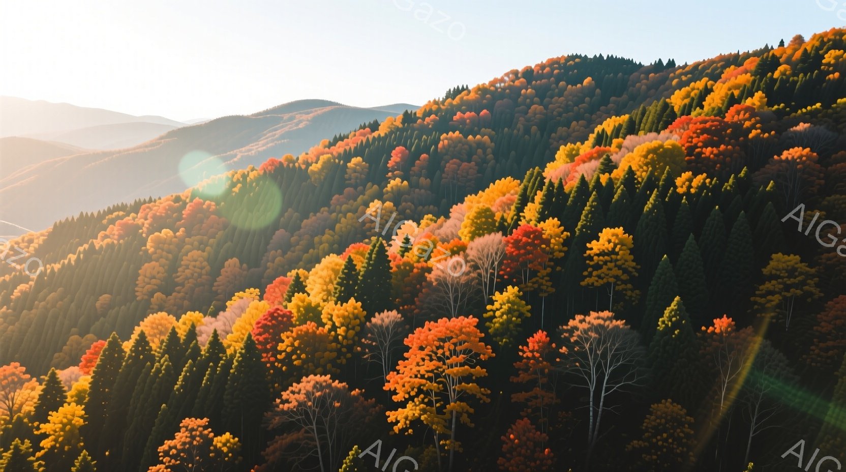 秋の山々が広がり、赤、オレンジ、緑の色とりどりの木々が密集して並んでいる。太陽光が木々の間から差し込み、眩しい光の筋を作り出し、背景には霞んだ山並みが連なっている。全体的に、穏やかで鮮やかな秋の自然の美しさを表現した、静謐で美しい風景である。