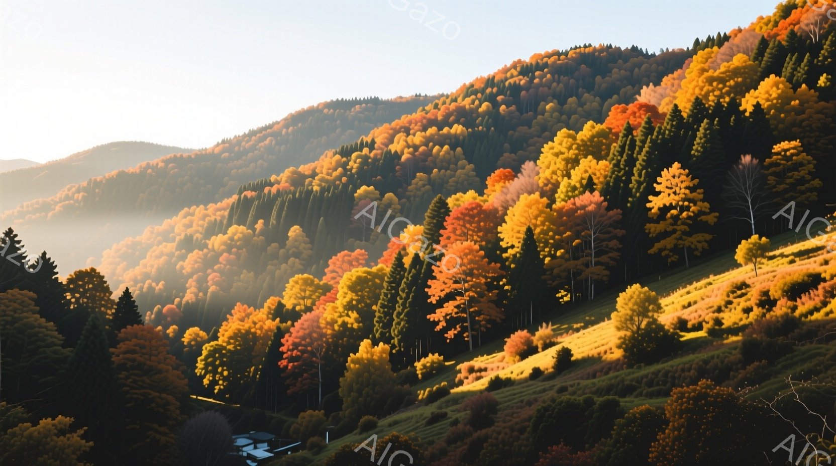 鮮やかな紅葉に覆われた山々が広がり、強い日差しが木々の間から差し込んでいる。山肌は緑、黄色、赤色のグラデーションで彩られ、まるで絵画のような美しい風景を作り出している。遠くには小さな家屋が見え、秋の静寂と暖かさが感じられる。