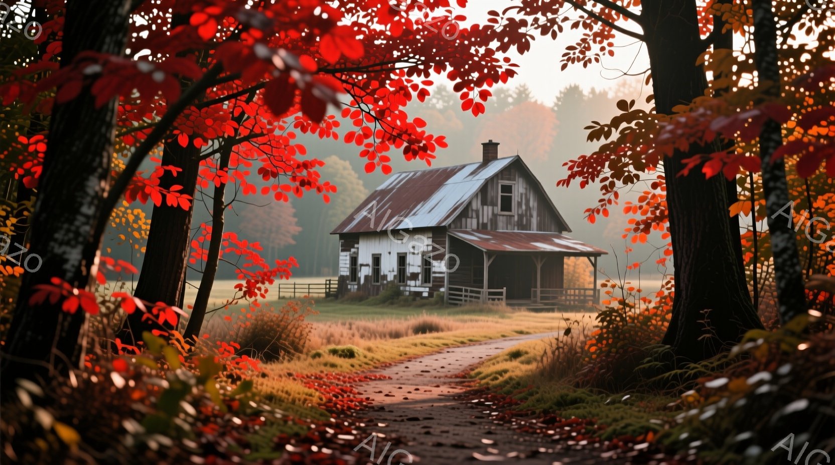 古びた木造の家が、秋の鮮やかな紅葉に囲まれた野原に佇んでいる。朝霧が立ち込め、黄金色の草木と赤い葉が混ざり合い、ノスタルジックで静寂な雰囲気を醸し出している。家は少し年季が入っているが、手入れが行き届 - AI生成フリー素材
