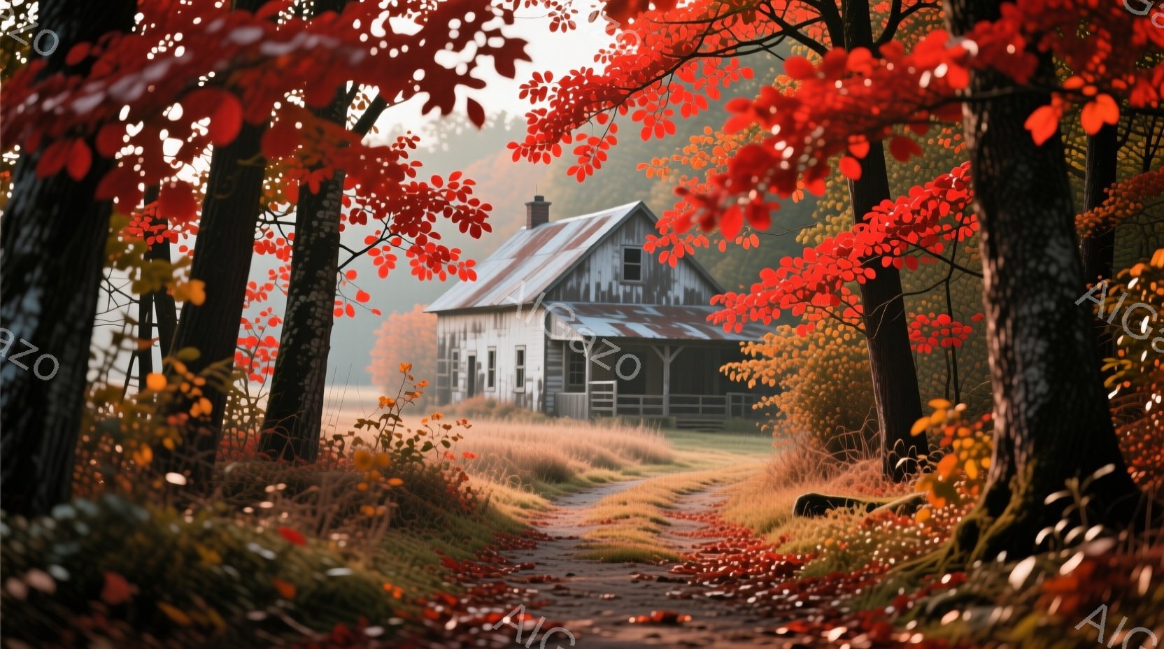 鮮やかな紅葉に囲まれた、古びた木造の家が佇んでいます。土と落ち葉に覆われた道が、家へと続いており、秋の寂しさと温かさが感じられます。朝霧が立ち込め、家全体を柔らかい光で包み込み、静寂で穏やかな雰囲気を醸し出しています。