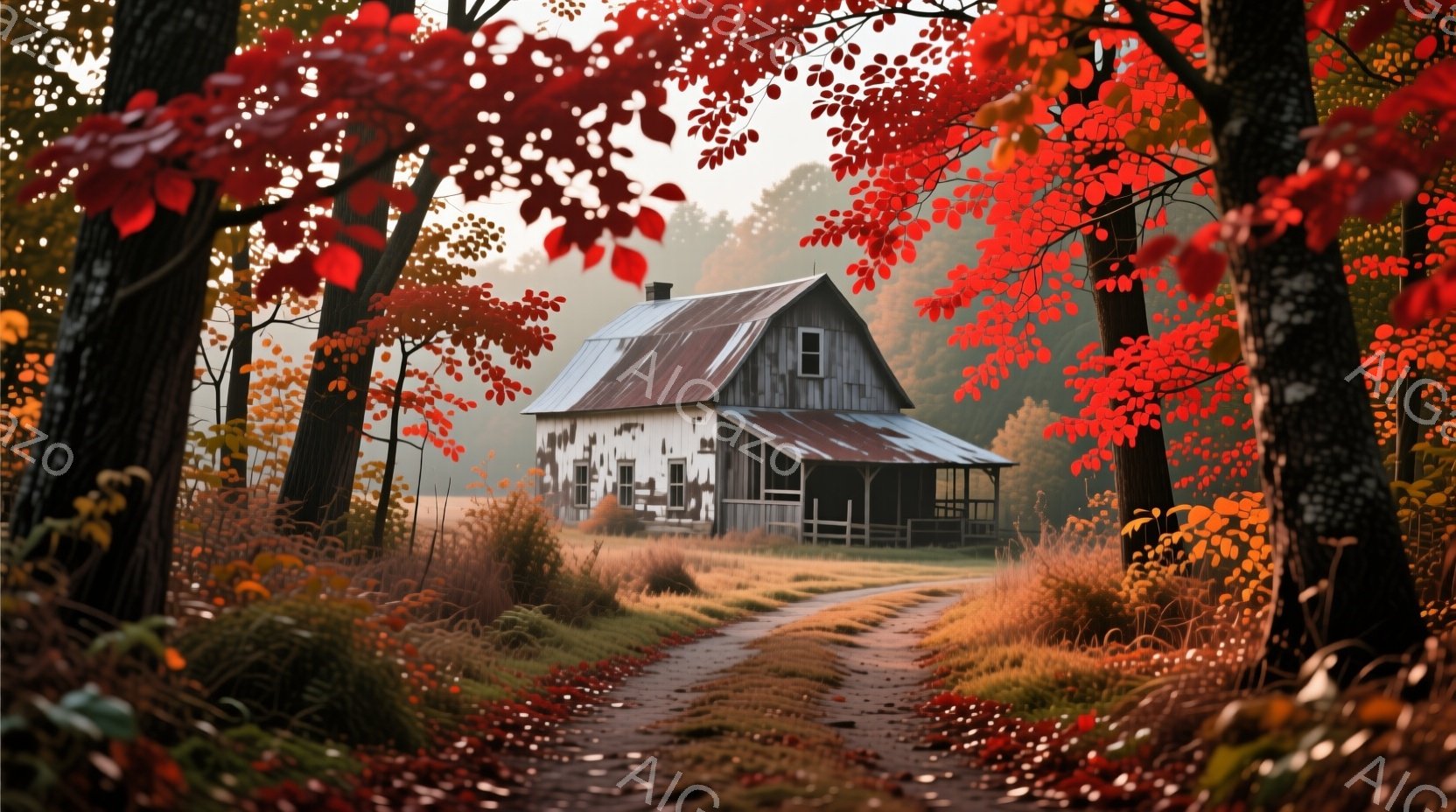 古びた木造の家が、鮮やかな紅葉に囲まれた土道に面して建っている。建物は白く、剥がれかけたペンキが年月を感じさせ、屋根は錆びた金属で覆われている。秋の穏やかな日差しが背景を照らし、暖かくノスタルジックな雰囲気を醸し出している。