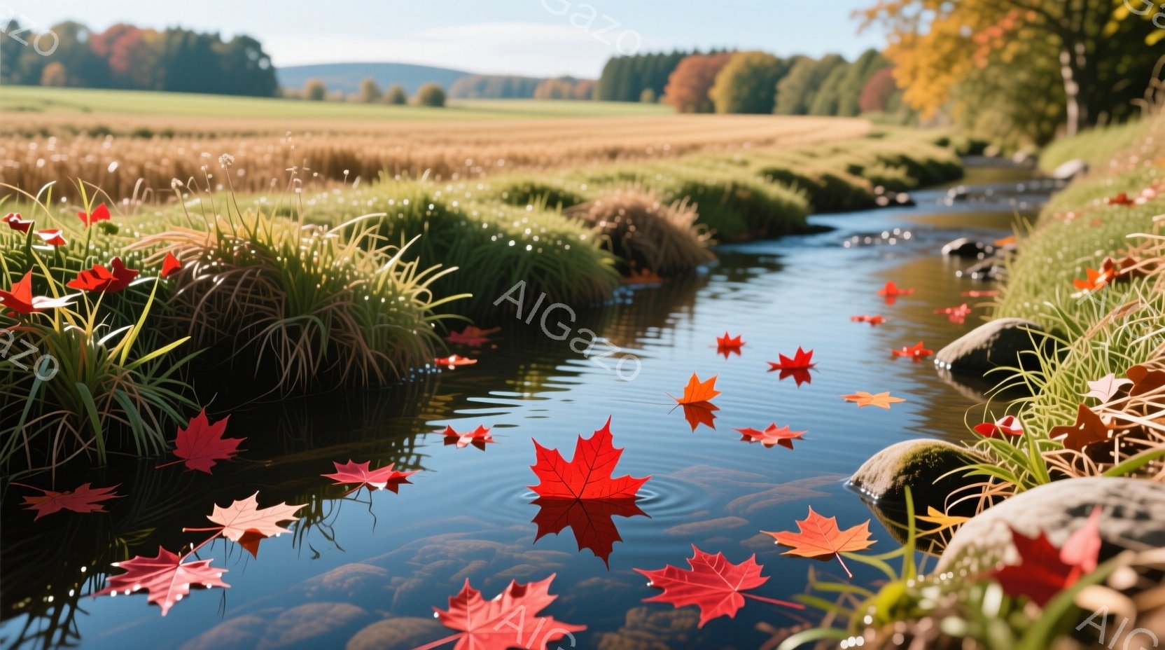 澄んだ水面を赤や黄色の紅葉が漂い、穏やかな秋の風景が広がっている。水辺には緑の草が生い茂り、水中にわずかに岩が見える。背景には緑と黄色の木々が広がり、遠くには山の稜線が見え、晴天の下、静寂で美しい雰囲気が漂っている。