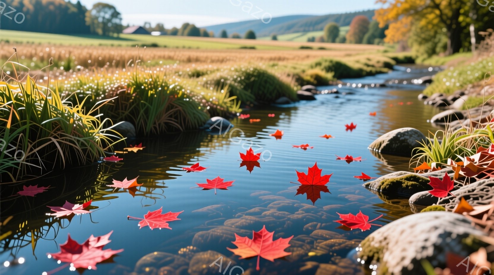 小川には鮮やかな赤色のカエデの葉が浮かび、水面に美しいコントラストを生み出しています。背景には緑の草地が広がり、遠くには起伏のある丘と木々が見え、穏やかな秋の風景が広がっています。全体的に、静かで平和 - AI生成フリー素材