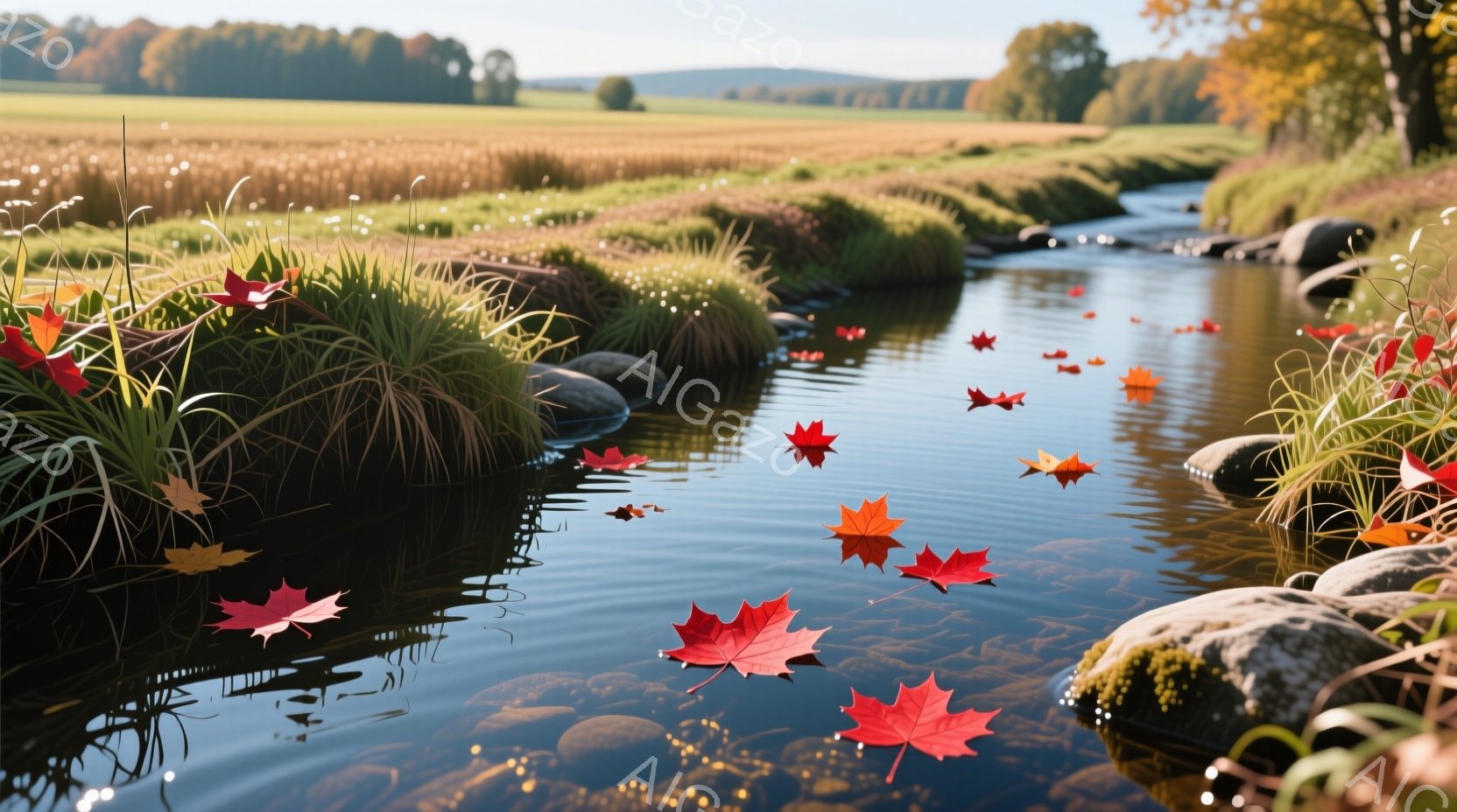 鮮やかな赤色の紅葉が、穏やかな流れの小川の上に浮かび、水面に美しい影を落としている。小川の両岸には緑の草が生い茂り、ところどころに大きな岩が点在し、背景には緑豊かな森林と広大な草原が広がり、秋の穏やかな風景を表現している。水面の反射と、周囲の自然が織りなす色彩が、静かで落ち着いた雰囲気を醸し出している。