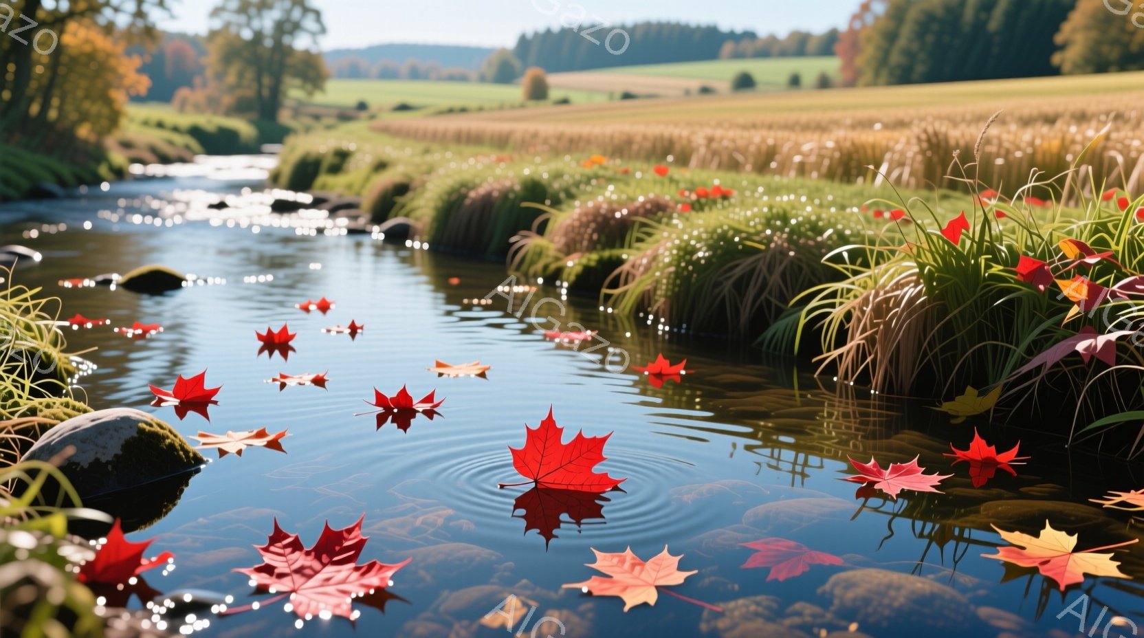 穏やかな小川が写っており、水面には鮮やかな赤色の紅葉が点在している。背景には緑豊かな草地と、遠くに見える森が広がっており、秋の静けさや自然の美しさを感じさせる。水面の反射と紅葉のコントラストが美しく、穏やかで平和な雰囲気を醸し出している。