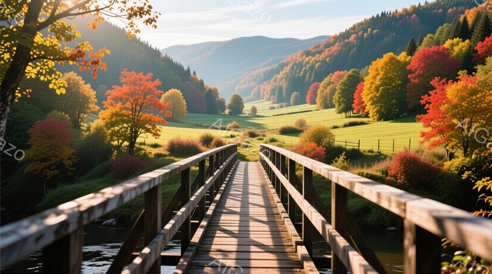 鮮やかな秋の色が広がる風景の中に、木製の歩道橋が写っている。橋は穏やかな水面を渡り、遠くには緑と赤のコントラストが美しい山々が連なっている。太陽の光が差し込み、全体的に暖かく穏やかな雰囲気を醸し出している。