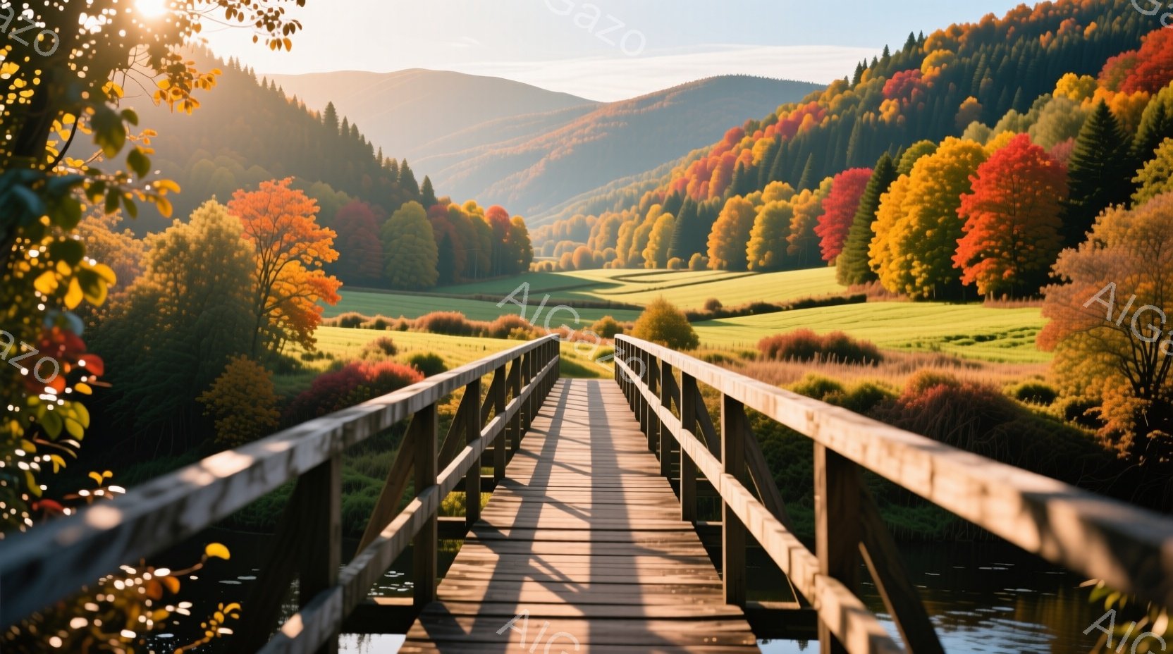 古びた木製の橋が、鮮やかな紅葉に囲まれた緑豊かな風景の中をまっすぐに伸びています。秋の太陽が橋に暖かな光を投げかけ、自然の美しい色彩が広がっています。背景には、なだらかな丘と森林が連なり、穏やかで平和 - AI生成フリー素材