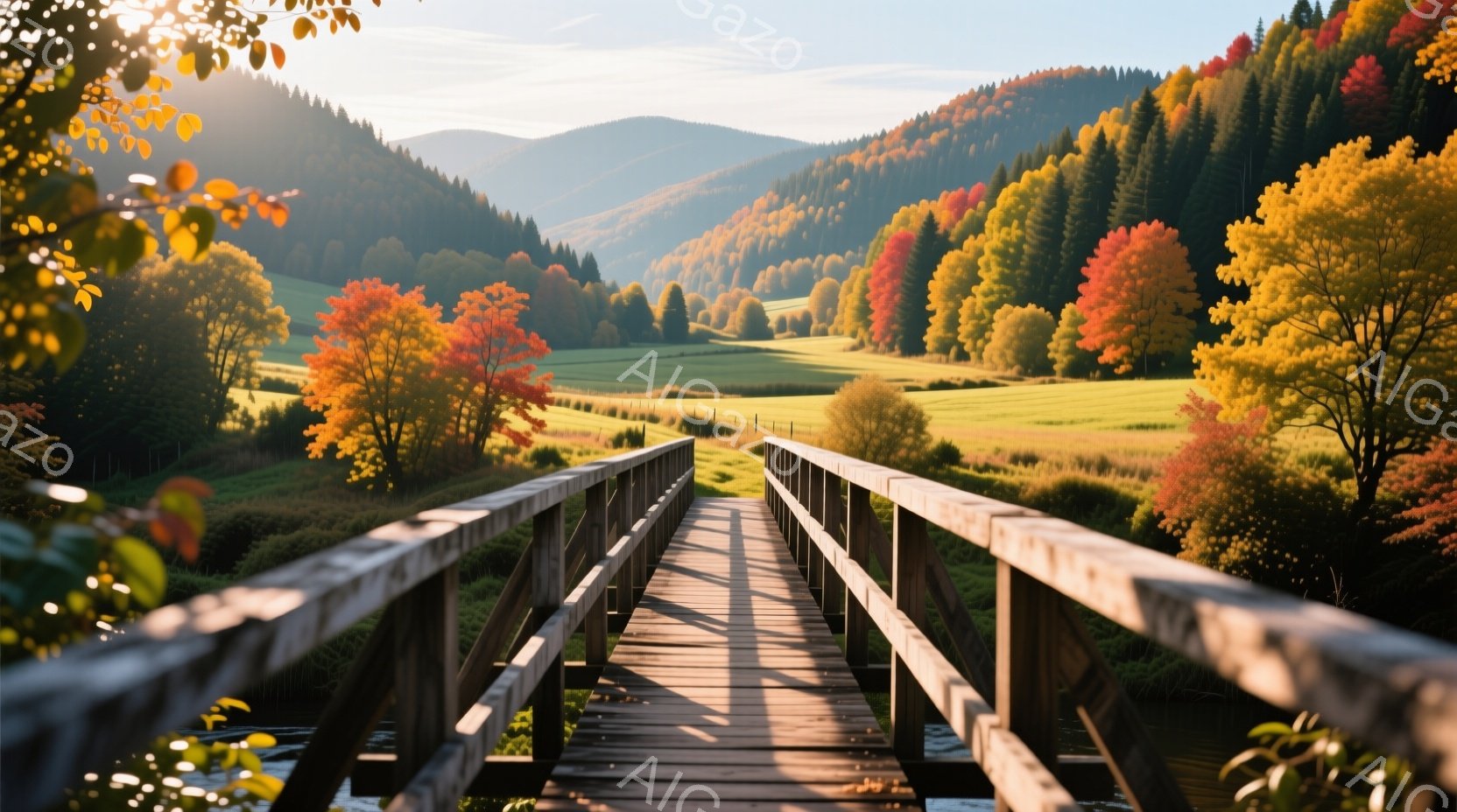 古びた木製の橋が、鮮やかな紅葉に囲まれた緑豊かな谷へと続いています。太陽の光が橋に差し込み、影を作り出し、秋の穏やかな雰囲気を強調しています。遠くには緑の丘が連なり、秋色の木々が風景に暖かさと奥行きを与えています。