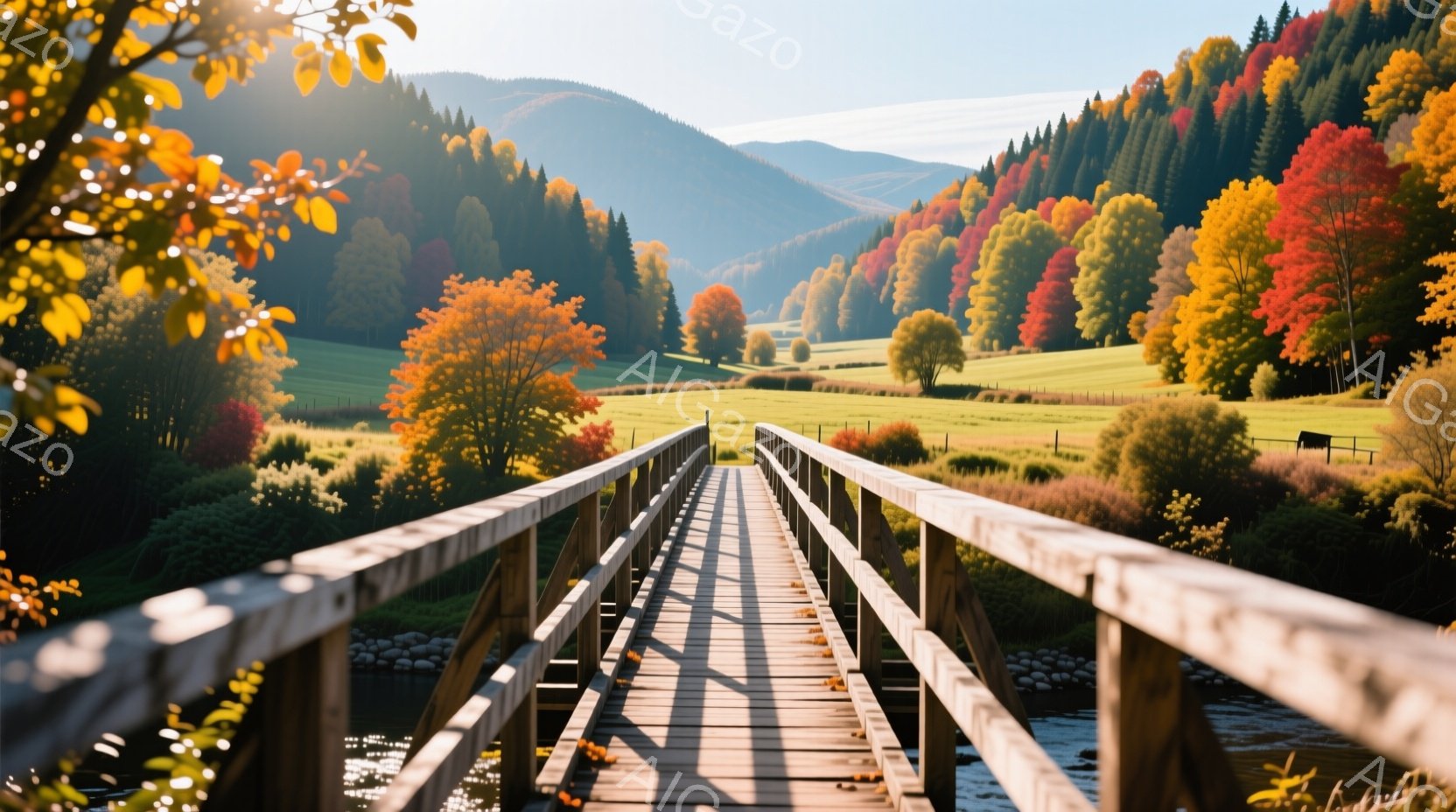 鮮やかな紅葉に染まる山々と緑の牧草地が広がる風景の中に、木製の橋が横たわっている。橋の板の間からは、水面がわずかに覗き、光の反射が水面に揺れている。全体的に穏やかで美しい、秋の日の雰囲気が漂っている。 - AI生成フリー素材