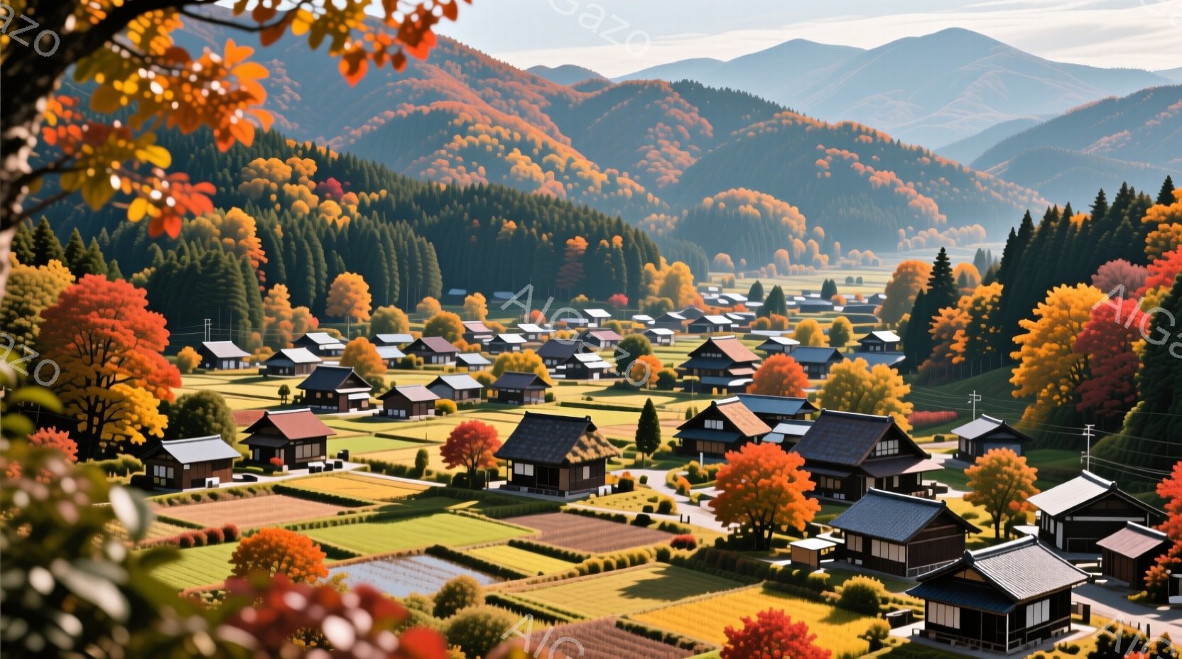 広大な田園風景が広がり、秋の紅葉に染まった山々に囲まれた日本の小さな村が描かれています。木造の家屋が整然と並び、その間には畑が広がっており、農村の穏やかな雰囲気が漂っています。空は晴れており、全体的に暖かく、平和な光景です。