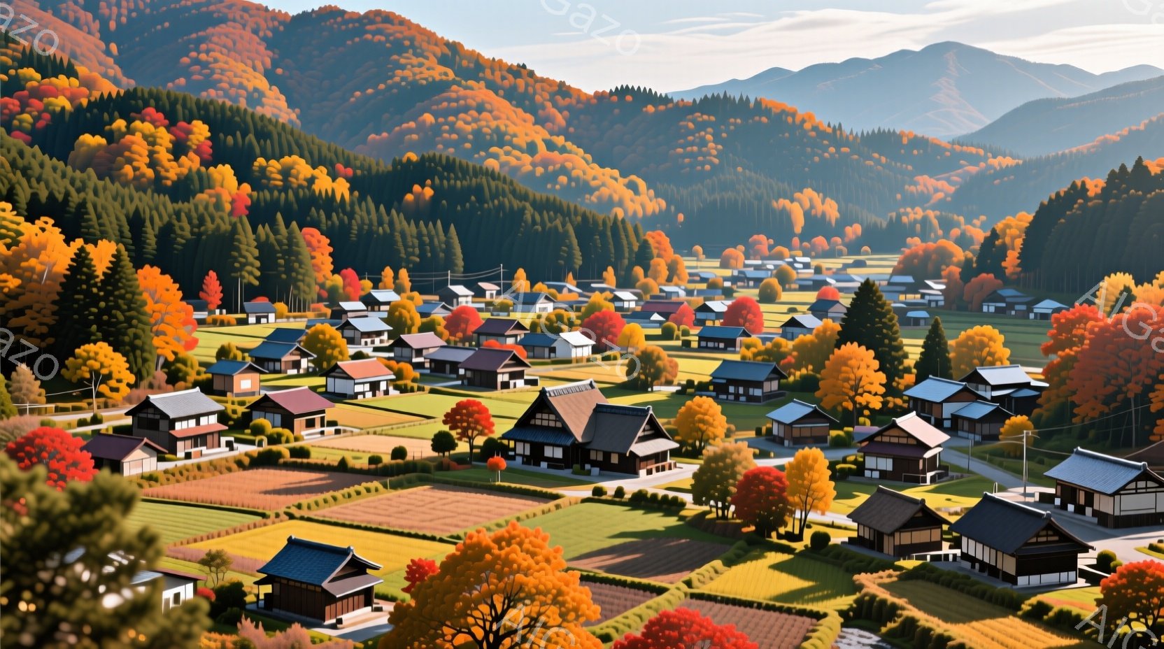 秋の山々に囲まれた日本の小さな村が、暖かく鮮やかな色彩で描かれている。伝統的な茅葺屋根の家々が整然と並び、周囲には黄金色の田んぼと赤や黄色の木々が広がり、穏やかな秋の風景を形成している。全体的に、静かで平和な雰囲気で、日本の田園風景の美しさを表現している。