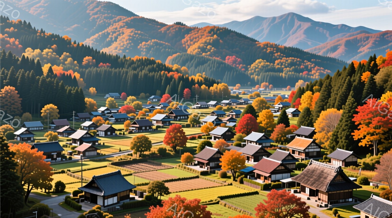 鮮やかな紅葉に包まれた山間の集落が、穏やかな日差しの中で広がっている。伝統的な茅葺き屋根の家々が整然と並び、その間に緑の田畑が点在している。全体的に、秋の静けさと、自然に調和した日本の原風景を感じさせる、平和で牧歌的な雰囲気である。