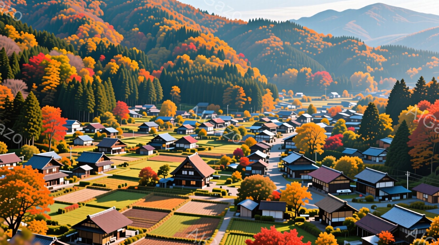 赤茶色の屋根を持つ家々が密集し、日本の田舎の風景が広がっている。背景には鮮やかな紅葉の山々がそびえ立ち、暖かく穏やかな雰囲気を醸し出している。耕された畑や緑豊かな木々が、秋の静けさと自然の美しさを強調している。