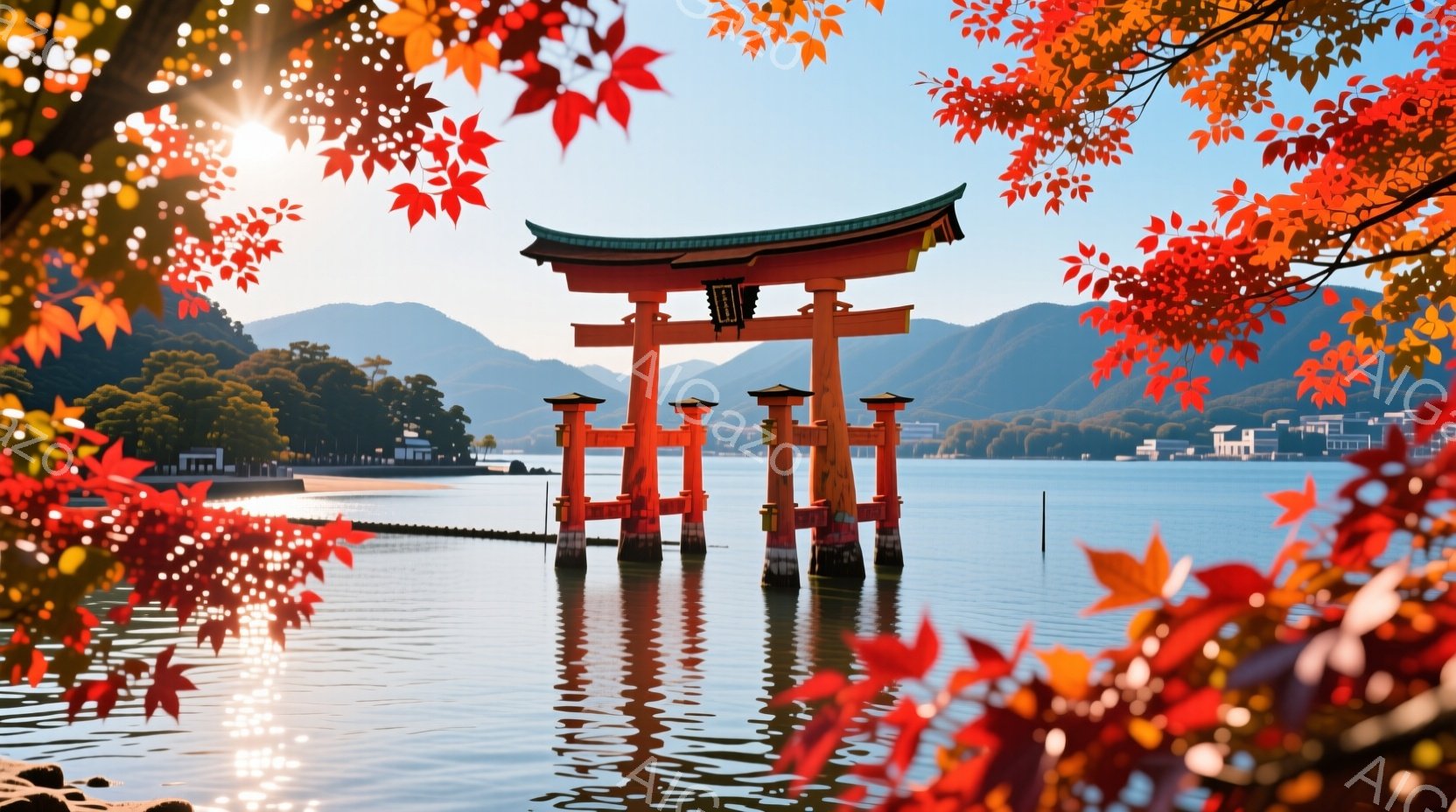 鮮やかな朱色の鳥居が海中にそびえ立ち、その姿を水面に映し出している。遠景には緑豊かな山々と、海岸沿いに建ち並ぶ建物が見え、穏やかな晴天の下、静寂で神聖な雰囲気が漂っている。水面には太陽の光が反射し、キラキラと輝き、幻想的な光景を作り出している。