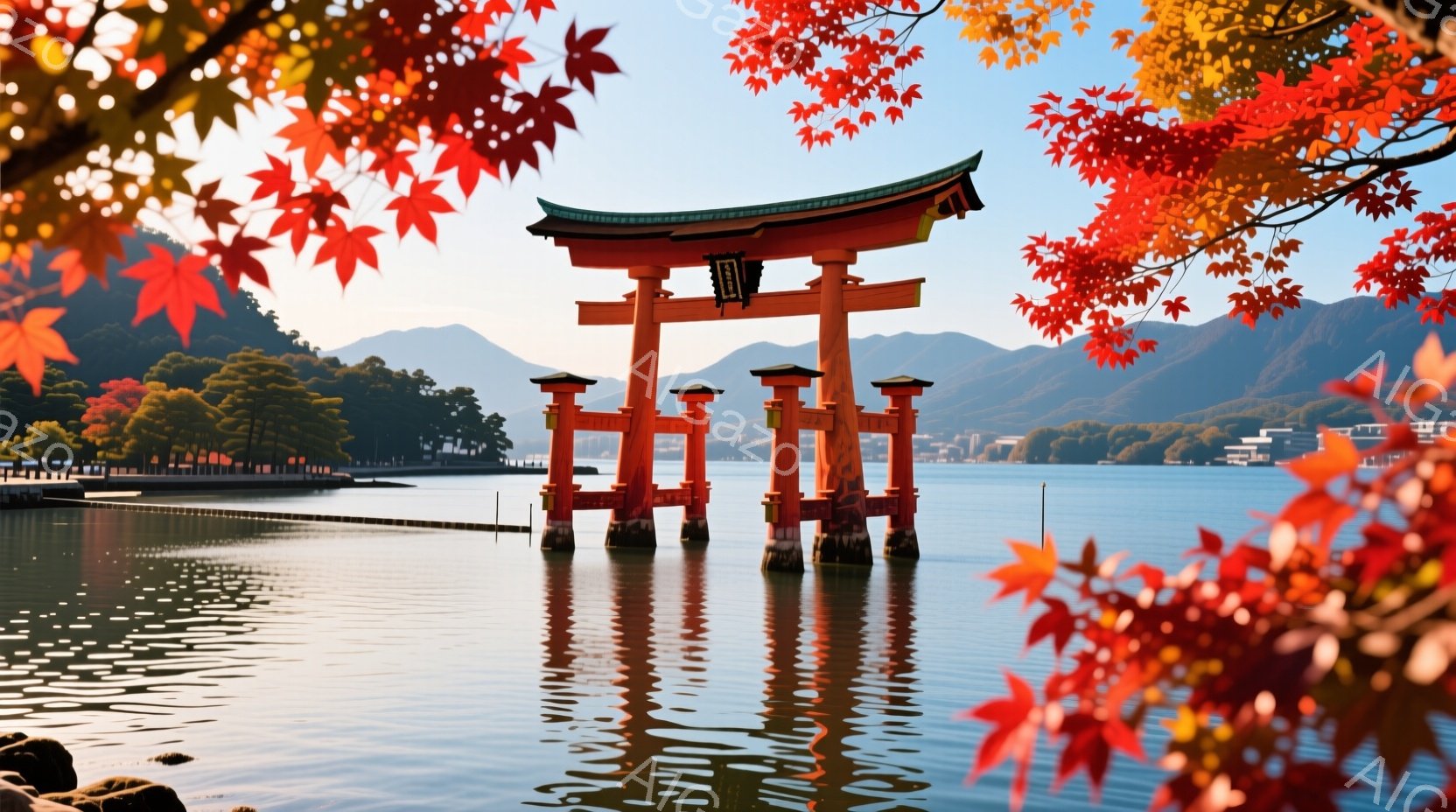 鮮やかな朱色の鳥居が海中にそびえ立ち、その姿を水面に美しく映し出している。背景には緑豊かな山々と、遠くに見える建物が広がり、穏やかな海面が光を反射してキラキラと輝いている。秋の紅葉が前景を彩り、全体的に静かで穏やかな、そして美しい雰囲気を醸し出している。