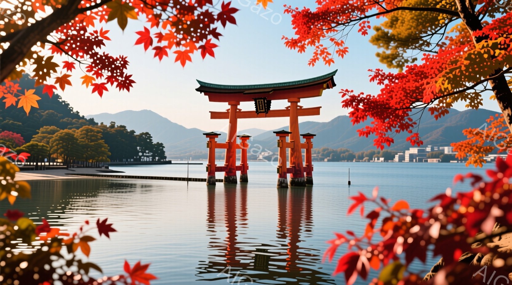 海の中に朱色の鳥居が立っており、その鮮やかな色彩が水面に反射して美しい光景を作り出しています。背景には緑の山々が連なり、穏やかな水面と空が広がり、静かで平和な雰囲気を醸し出しています。秋の紅葉が画面の - AI生成フリー素材