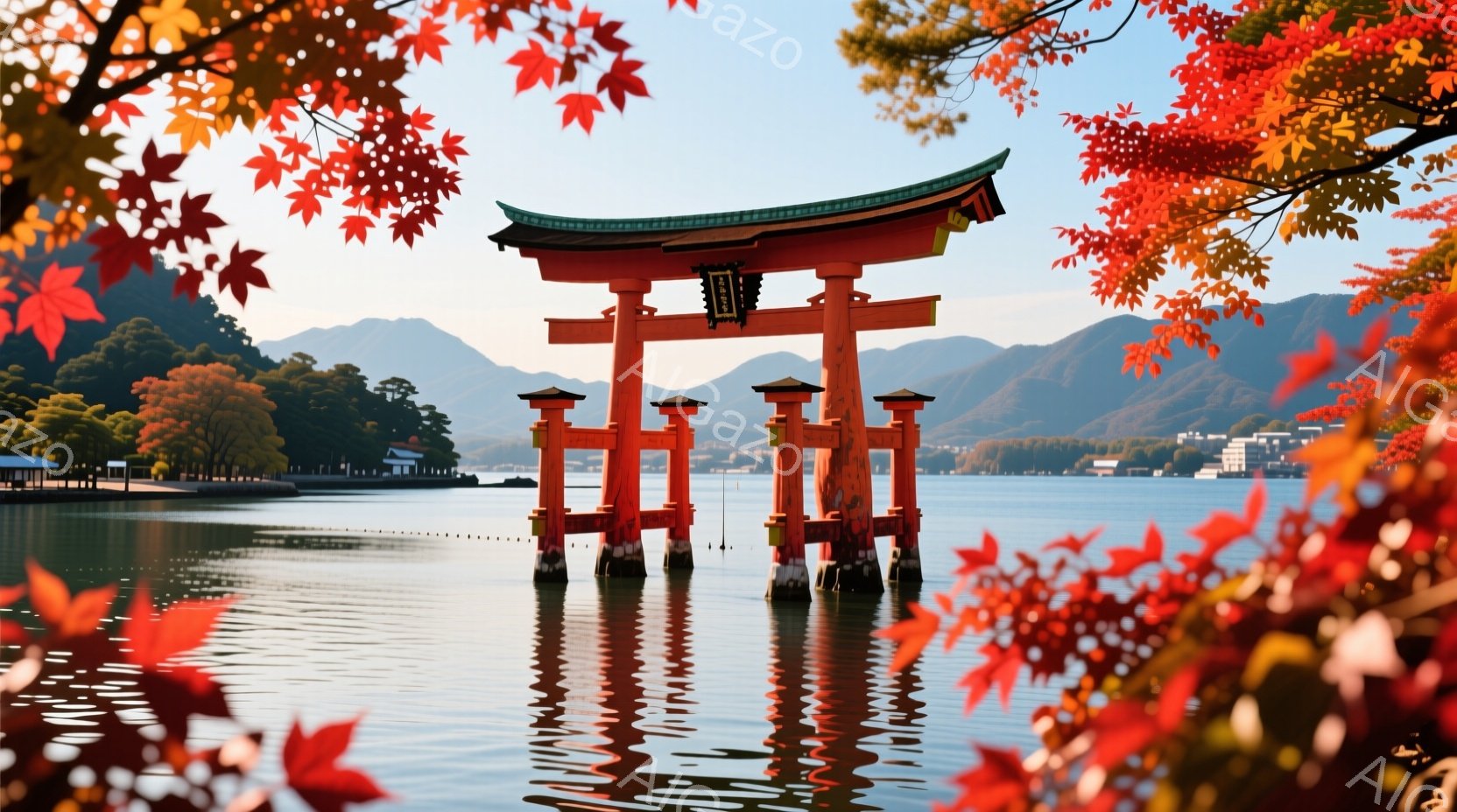 鮮やかな朱色の鳥居が、穏やかな水面に浮かび、まるで海に立つように見えます。背景には緑豊かな山々が連なり、水面には鳥居の美しい反射が映り込んでいます。全体的に静かで穏やかな、秋の訪れを感じさせる風景です。