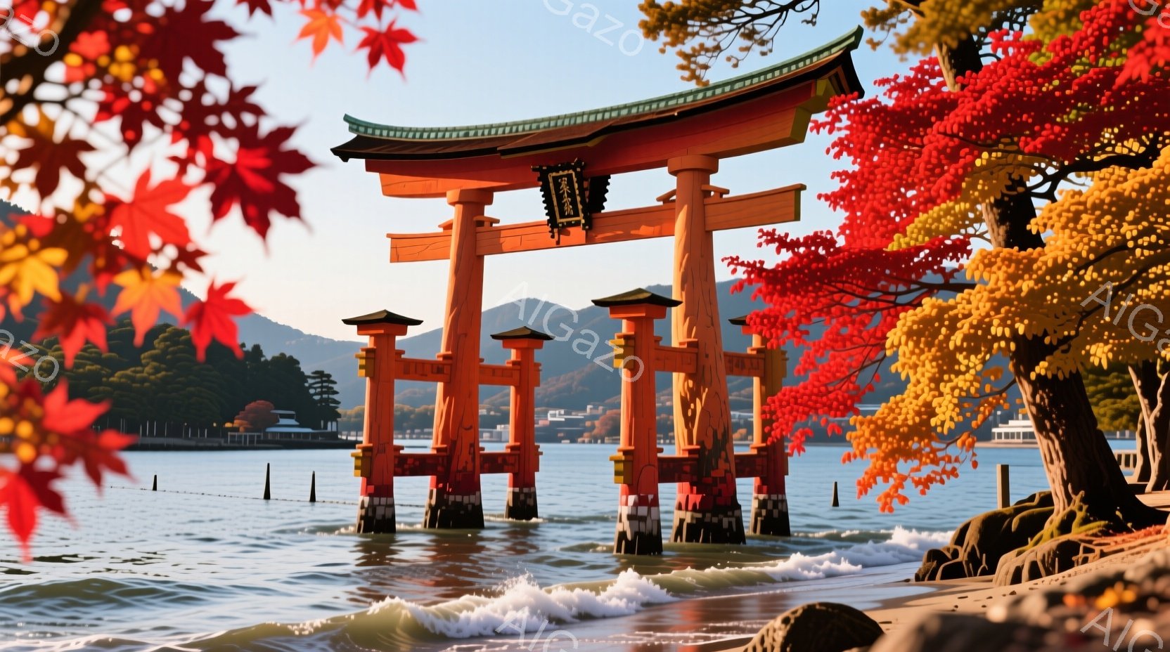 海に浮かぶ朱色の鳥居が印象的な光景です。背景には緑豊かな山々と、遠くに見える建物が並び、穏やかな波が鳥居の周りを囲んでいます。秋の紅葉が手前に咲き誇り、鮮やかな色彩が景色全体を彩っています。