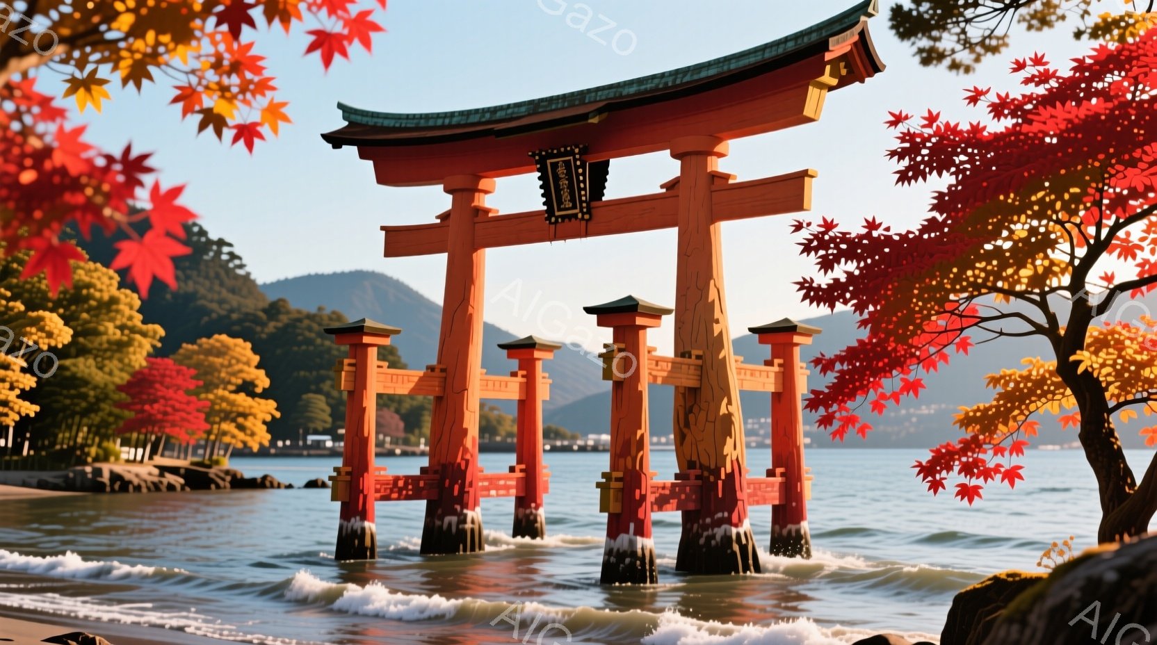 海の中に朱色の鳥居が建っており、まるで海から生えているかのようです。背景には緑の山々が連なり、空は晴れ渡っています。鮮やかな紅葉が鳥居の周りを彩り、秋の穏やかで美しい雰囲気を醸し出しています。 - AI生成フリー素材
