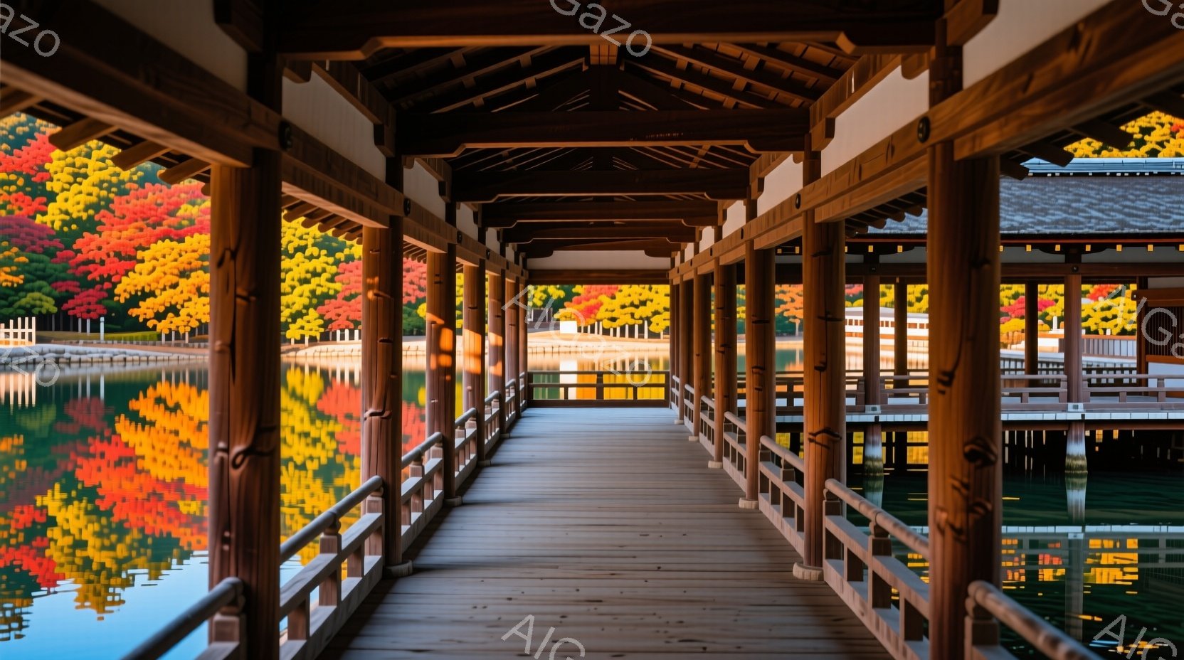 朱色の紅葉と青い水面が織りなす美しい風景が、屋根付きの木造回廊を通して目に飛び込んできます。 回廊は木製の柱と手すりで構成され、水面に映る紅葉と相まって、日本の秋の静寂と優雅さを表現しています。 回廊は水面に浮かぶように建てられており、まるで絵画のような光景を作り出しています。