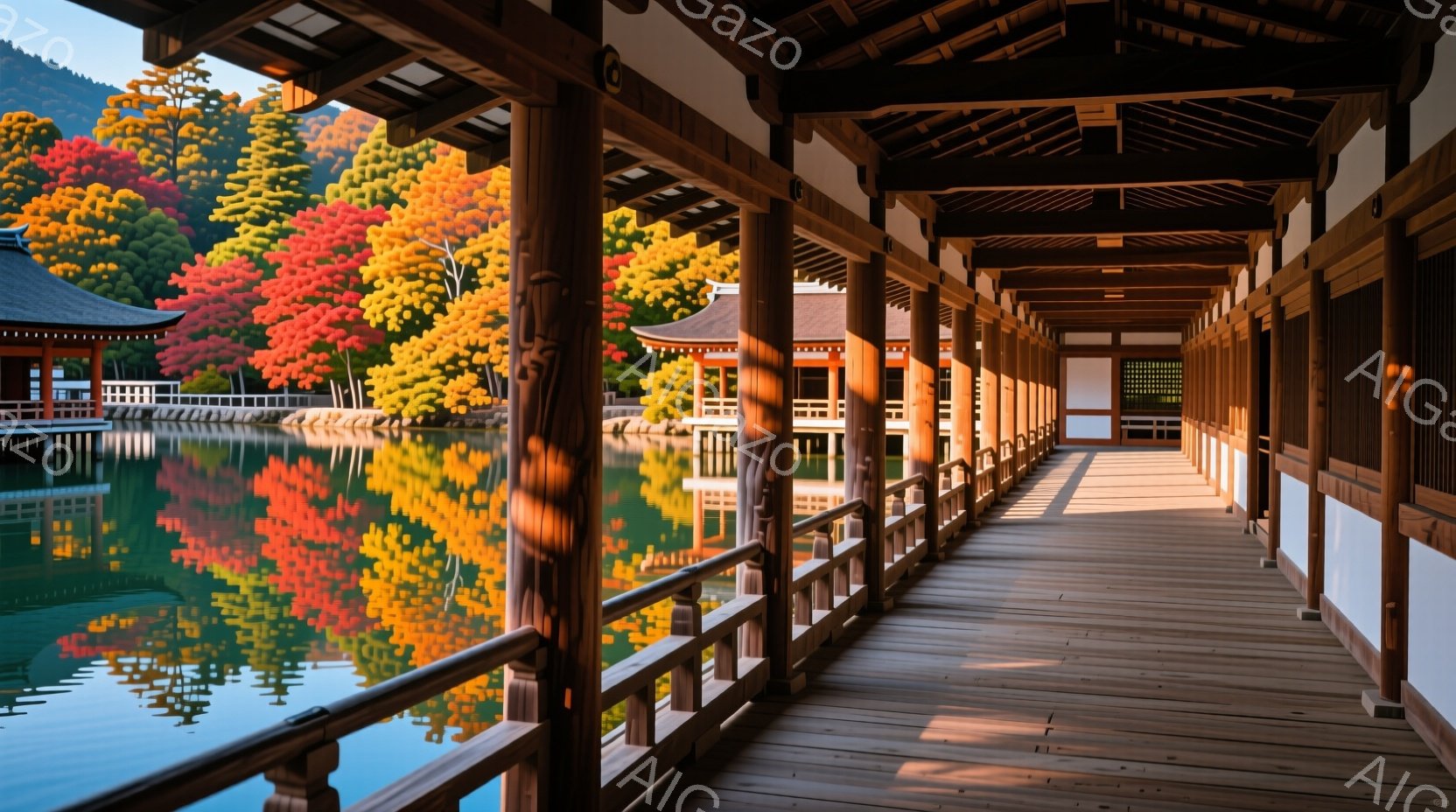 赤や黄色の紅葉が水面に映り込み、秋の色彩が鮮やかな景色が広がっています。木造の回廊は明るい日差しに照らされ、その構造美が際立っています。静寂に包まれた空間は、穏やかで落ち着いた雰囲気を醸し出しています - AI生成フリー素材