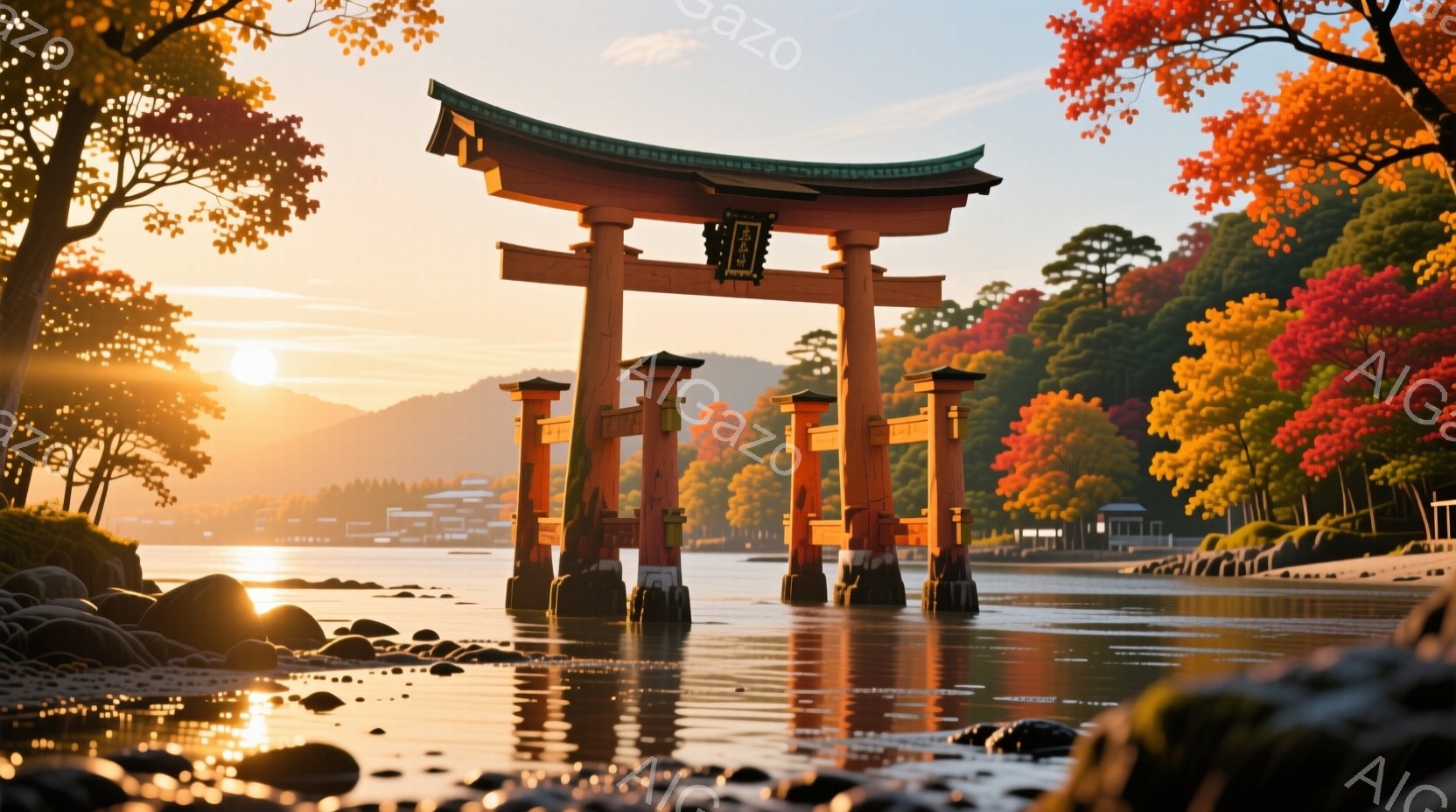 鮮やかな朱色の鳥居が海に浮かび、夕焼けに照らされた穏やかな光景が広がっています。周囲には緑豊かな山々と、紅葉が始まりつつある木々が広がり、水面には鳥居の美しい影が映り込んでいます。波の音や夕焼けの暖か - AI生成フリー素材