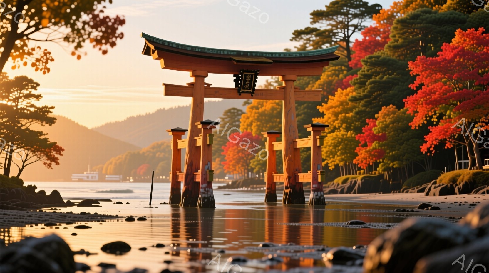 鮮やかな朱色の鳥居が海に浮かび、穏やかな水面にその姿を映し出している。背景には緑豊かな山々と、秋の紅葉が広がり、夕焼けの光が海面をオレンジ色に染めている。全体的に静寂で穏やかな、日本の秋の風景が印象的だ。