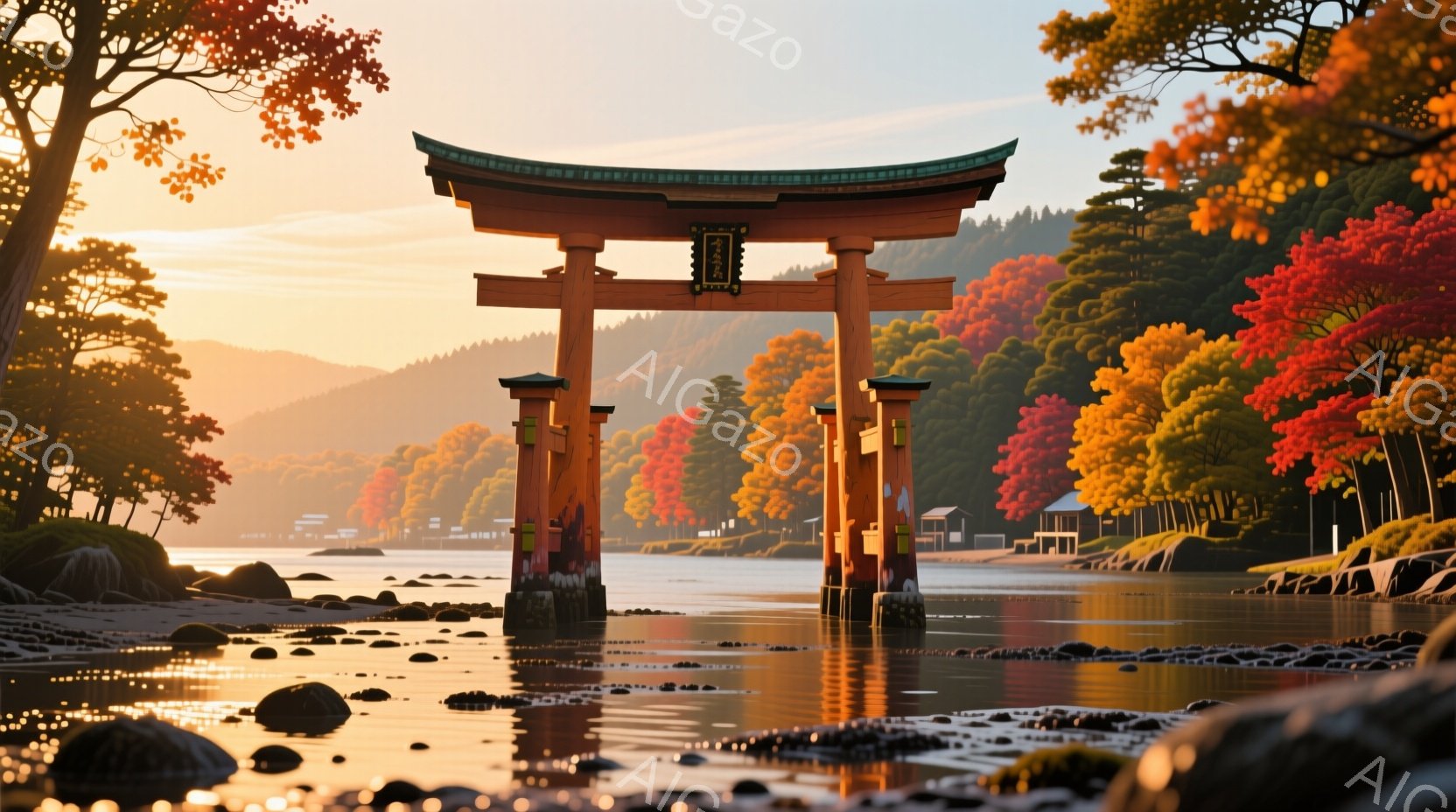 朱色の大きな鳥居が、水面に浮かび、秋の紅葉に囲まれた風景です。背景には、屋根付きの建物と山々が霞んで見え、穏やかな水面が夕焼けを反射して、全体的に暖かく幻想的な雰囲気を醸し出しています。水辺には丸い石 - AI生成フリー素材