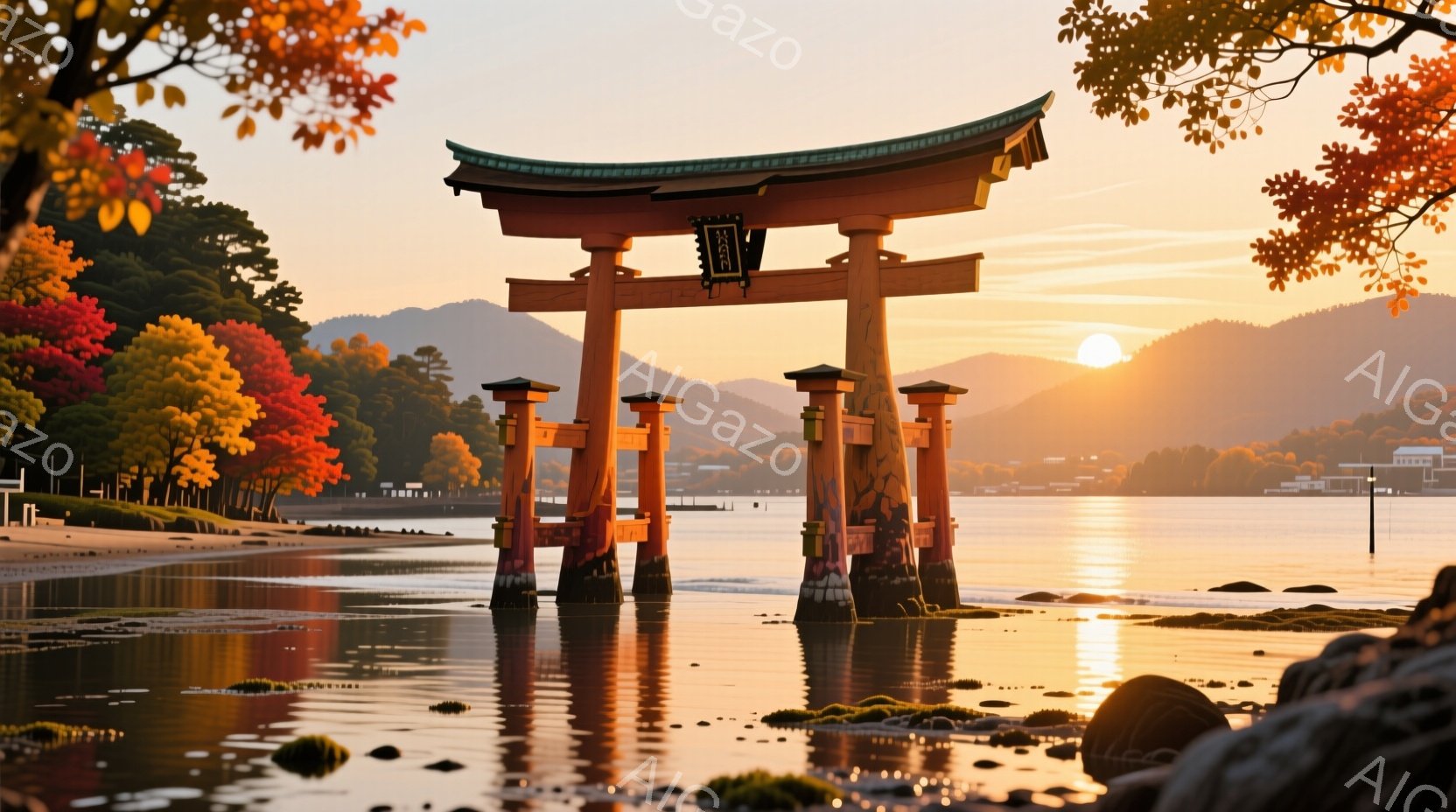 朱色の鳥居が水中にそびえ立ち、夕焼けに照らされた穏やかな海面を背景に幻想的な光景を呈している。鳥居の柱には緑色の藻類がつき、水面には鳥居の影が映り込み、自然と人工物の調和が美しい。遠景には山並みと街並みがぼんやりと見え、温かく穏やかな雰囲気が漂う。