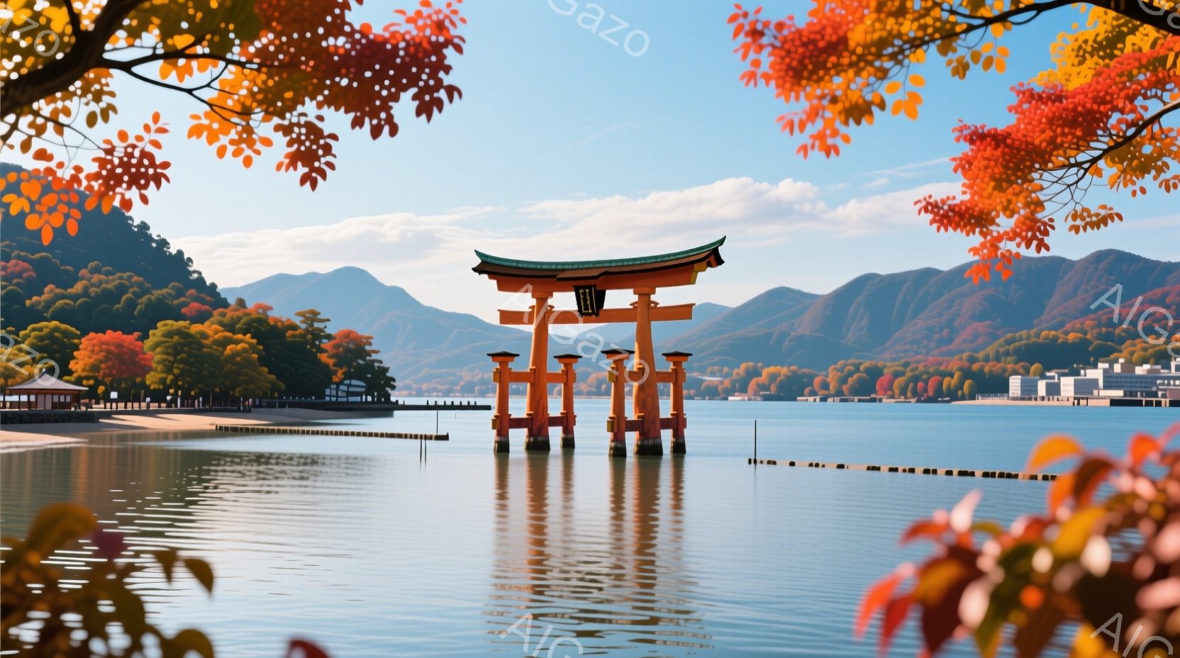 鮮やかな朱色の巨大な鳥居が、穏やかな青い海の中に浮かび、その姿を水面に映し出している。背景には緑豊かな山々が連なり、秋の紅葉が山を彩り、晴天の下、静かで穏やかな雰囲気が漂っている。遠くには建物が見え、 - AI生成フリー素材