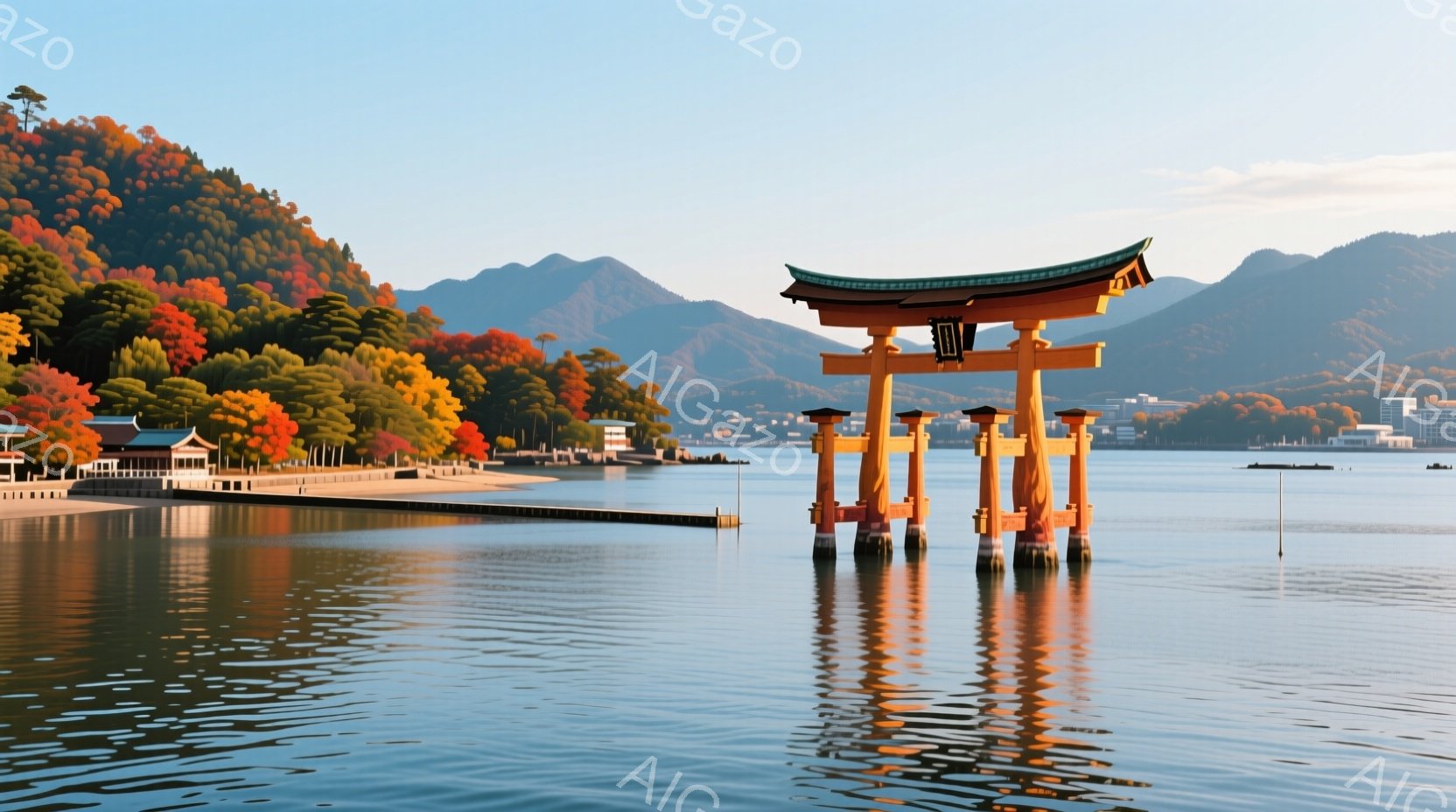 海上に朱色の大きな鳥居が浮かび、その周りを穏やかな波が反射して美しい光景を作り出しています。背景には緑と紅葉が混ざり合った山々が広がり、遠くには街並みが確認できます。空は晴れていて、穏やかな秋の日の雰 - AI生成フリー素材