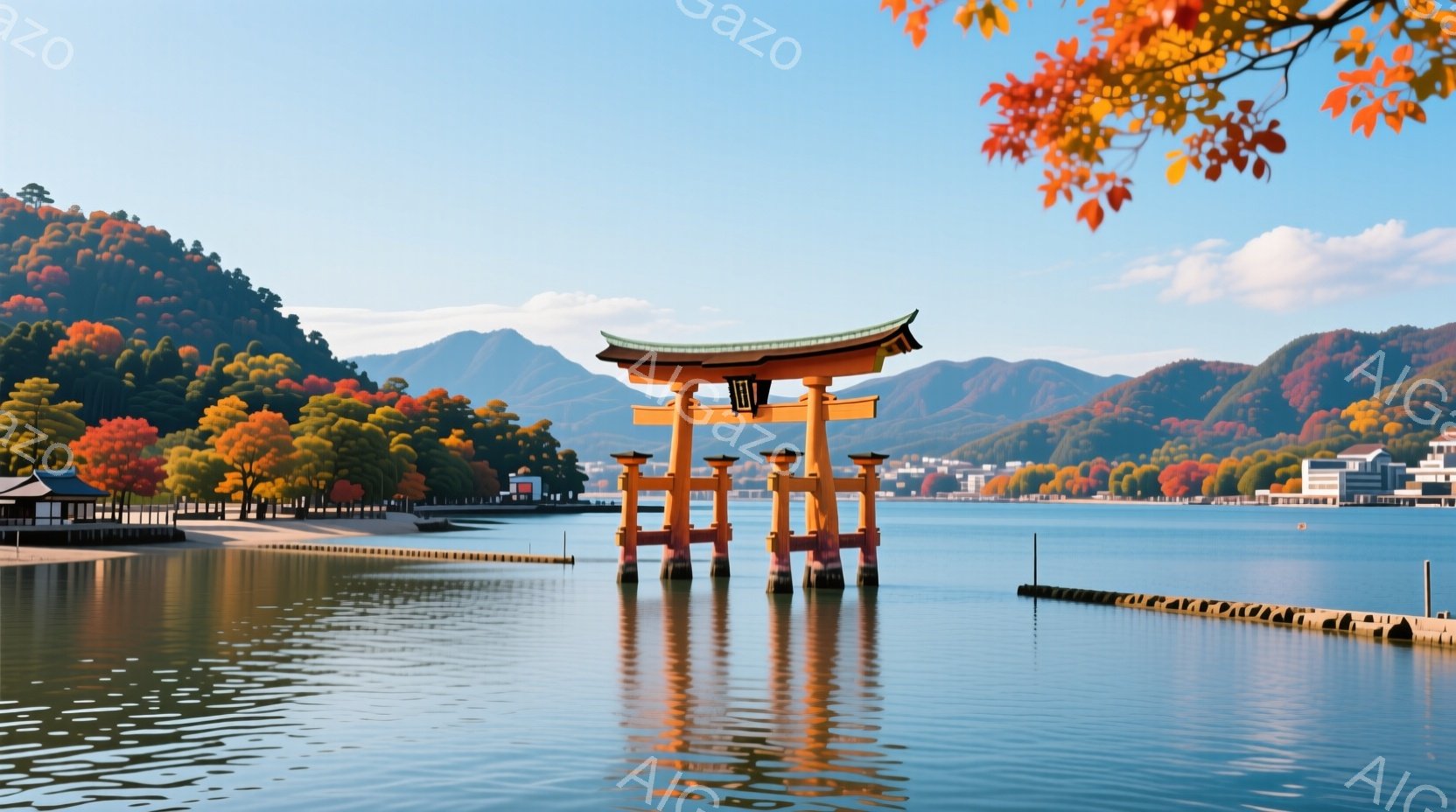 鮮やかな朱色の鳥居が海中に浮かび、その姿を水面に映し出している。背景には緑豊かな山々と、遠くに見える街並みが広がり、秋の穏やかな空の下、海は穏やかに輝いている。全体的に、静寂と厳かな雰囲気が漂い、日本の伝統的な美しさを際立たせている。