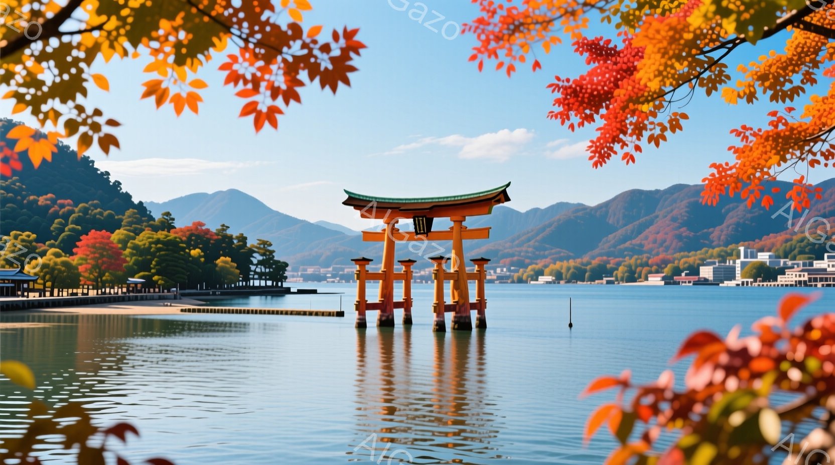 鮮やかな朱色の鳥居が、穏やかな海の中に堂々と建っている風景です。背後には緑豊かな山々が連なり、海面には鳥居の美しい反射が見られます。秋の紅葉がフレームの一部を彩り、落ち着いた平和な雰囲気が漂っています - AI生成フリー素材