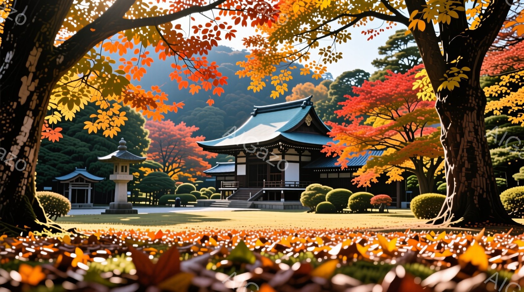 鮮やかな紅葉に囲まれた寺院が描かれている。寺院は伝統的な建築様式で、緑色の屋根と白い壁が特徴的で、周囲の木々とのコントラストが美しい。地面は落ち葉で覆われ、秋の穏やかで静謐な雰囲気を醸し出している。