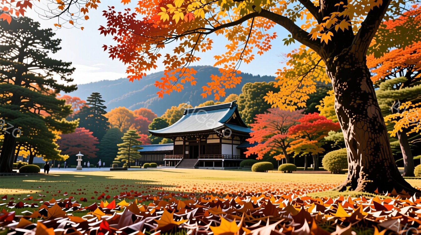 鮮やかな紅葉に囲まれた寺院が、澄んだ青空の下に佇んでいます。庭には落ち葉が敷き詰められ、数人の訪問者が寺院へと向かって歩いています。建物は伝統的な木造建築で、周囲の自然との調和が美しく、穏やかな秋の雰囲気を醸し出しています。