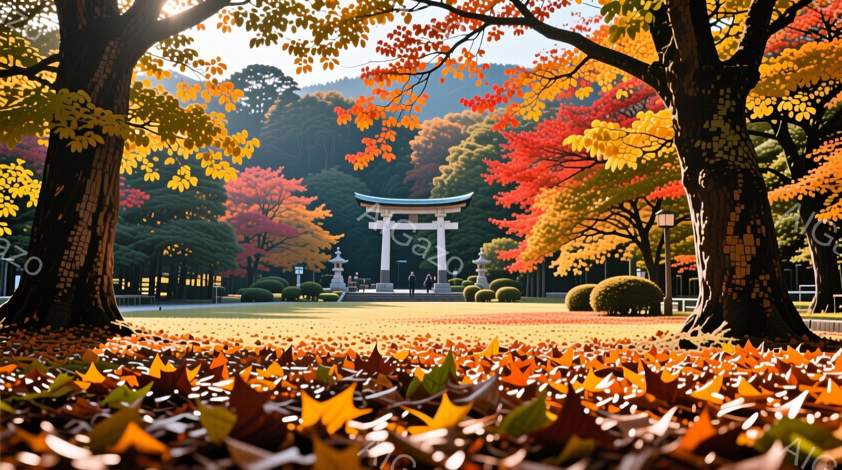 鮮やかな紅葉に彩られた公園の風景で、遠くには鳥居が見える。地面は落ち葉で覆われ、数人の人々がその先を歩いているが、服の色や表情ははっきりとは分からない。背景には緑豊かな木々と建物があり、秋の穏やかで美しい雰囲気が漂っている。