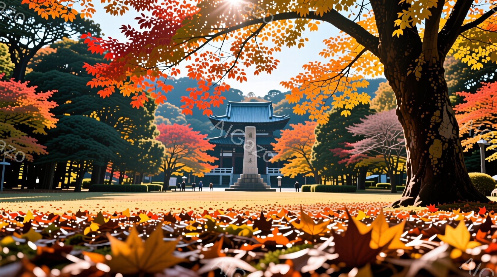 紅葉に染まった公園の風景で、背景には伝統的な様式の建造物がそびえ立っています。地面は落ち葉で覆われ、数人の人々がそれぞれ散策したり、立ち話をしたりしています。鮮やかな色彩と穏やかな光が、秋の静寂と暖かさを表現しています。
