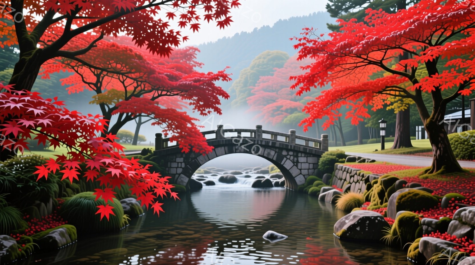 赤い紅葉に染まる渓流の上にアーチ型の石橋が架かっています。橋の周りには岩や緑の草が生い茂り、水面には落ち葉が浮かんでいます。背景には霧のかかった山々と、日本家屋の屋根が見え、穏やかで美しい秋の風景が広がっています。