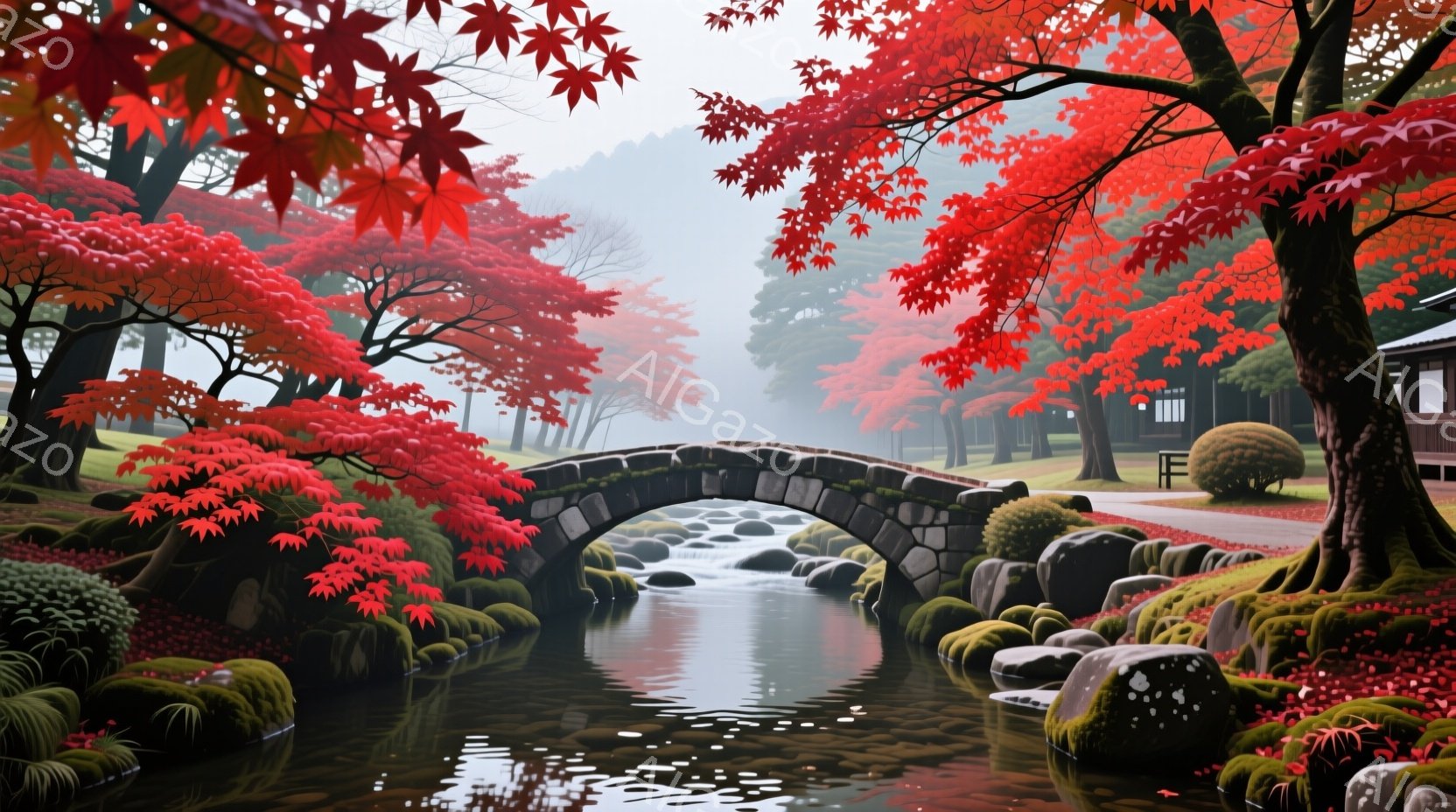 赤い紅葉が美しい曲線を描く小川に、石造りのアーチ橋が架かっている風景です。背景には霧が立ち込め、日本の伝統的な建物がぼんやりと見え、全体的に落ち着いた静謐な雰囲気が漂っています。鮮やかな赤と茶色のコン - AI生成フリー素材