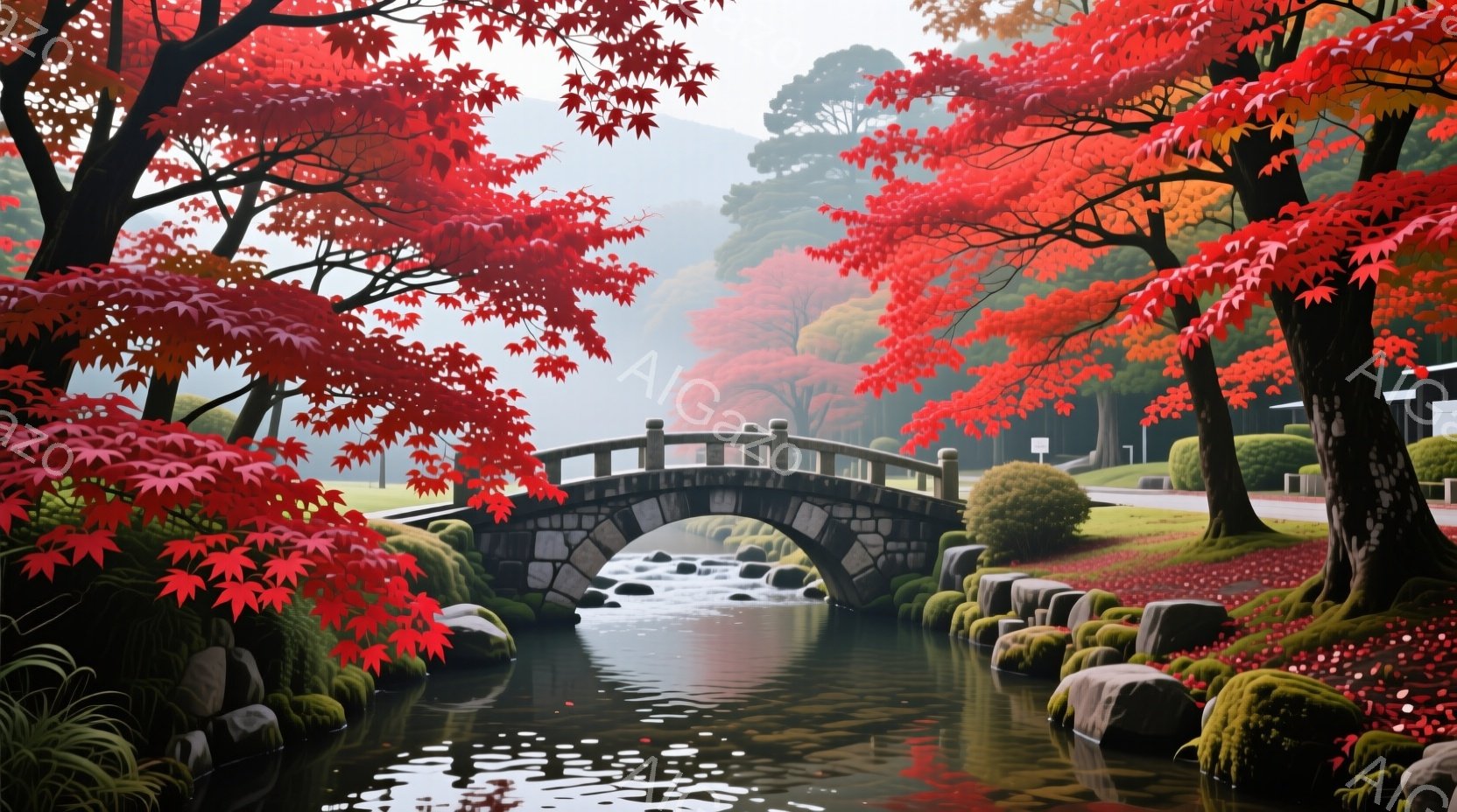 赤い紅葉に囲まれた石橋が、澄んだ流れの川にかかっている風景です。背景には緑の木々が霞み、穏やかで静謐な秋の雰囲気が漂っています。川岸には苔むした岩が点在し、自然の美しさが際立っています。