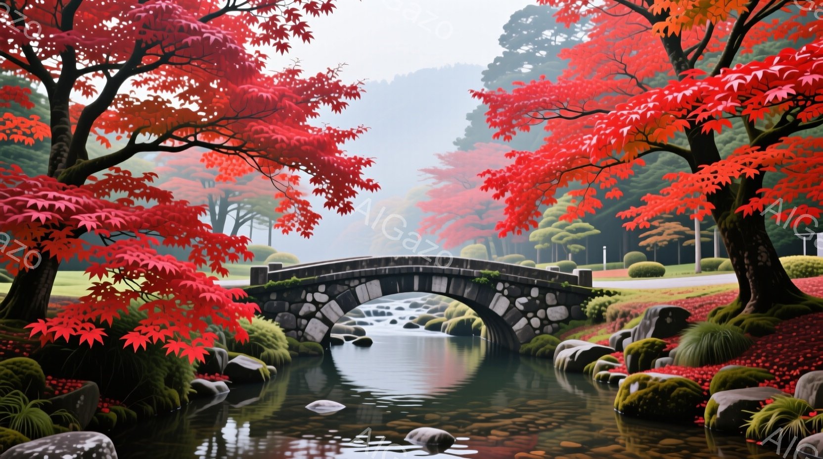 赤い紅葉に囲まれた石造りのアーチ橋が、静かな小川にかかっている風景です。背景には緑豊かな木々や、霞んだ遠くの建物が見え、秋の穏やかで美しい雰囲気を醸し出しています。水面には橋と周囲の紅葉が映り込み、全 - AI生成フリー素材