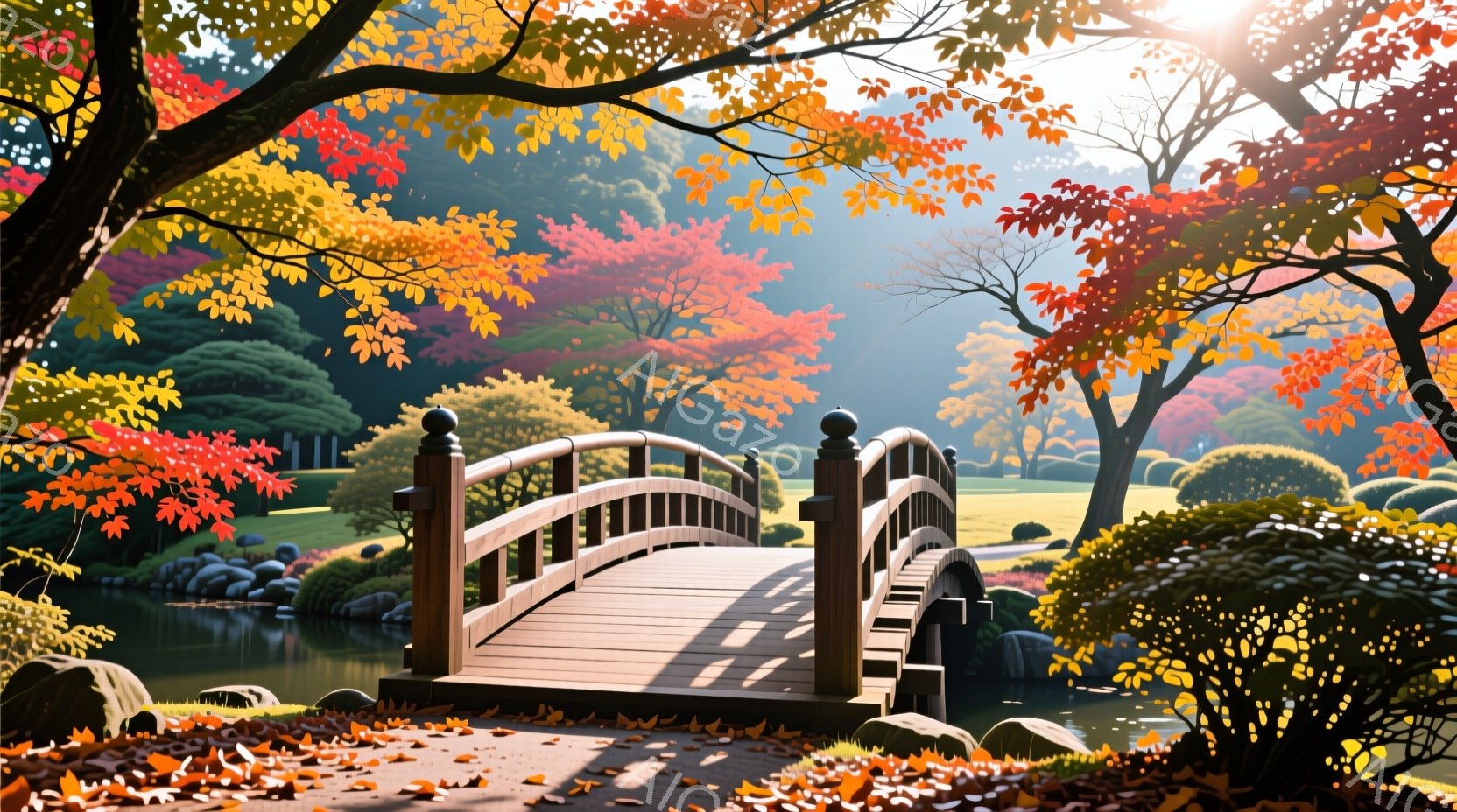 赤や黄色の紅葉に彩られた庭園の中に、丸みを帯びた木製の橋が架かっている。橋の下には静かな水面が広がり、背景には手入れの行き届いた庭園と緑豊かな木々が広がっている。全体的に穏やかで平和な秋の雰囲気が漂っており、鮮やかな色彩が目に飛び込んでくる。